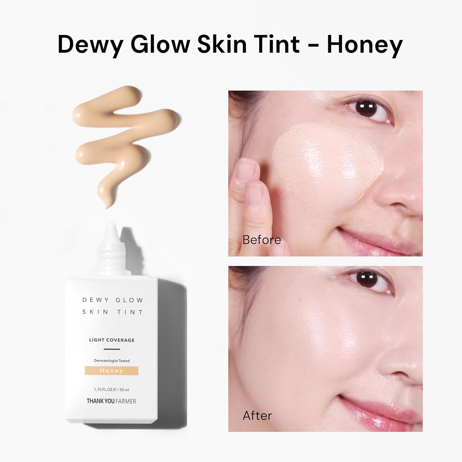 THANK YOU FARMER Dewy Glow Skin Tint, Long-Lasting Tinted Moisturizer, Light coverage, Vitamin B3, Niacinamide, Adenosine, Korean Beauty Makeup Dermatologist Tested, Honey, 1.75 fl oz - Image 4