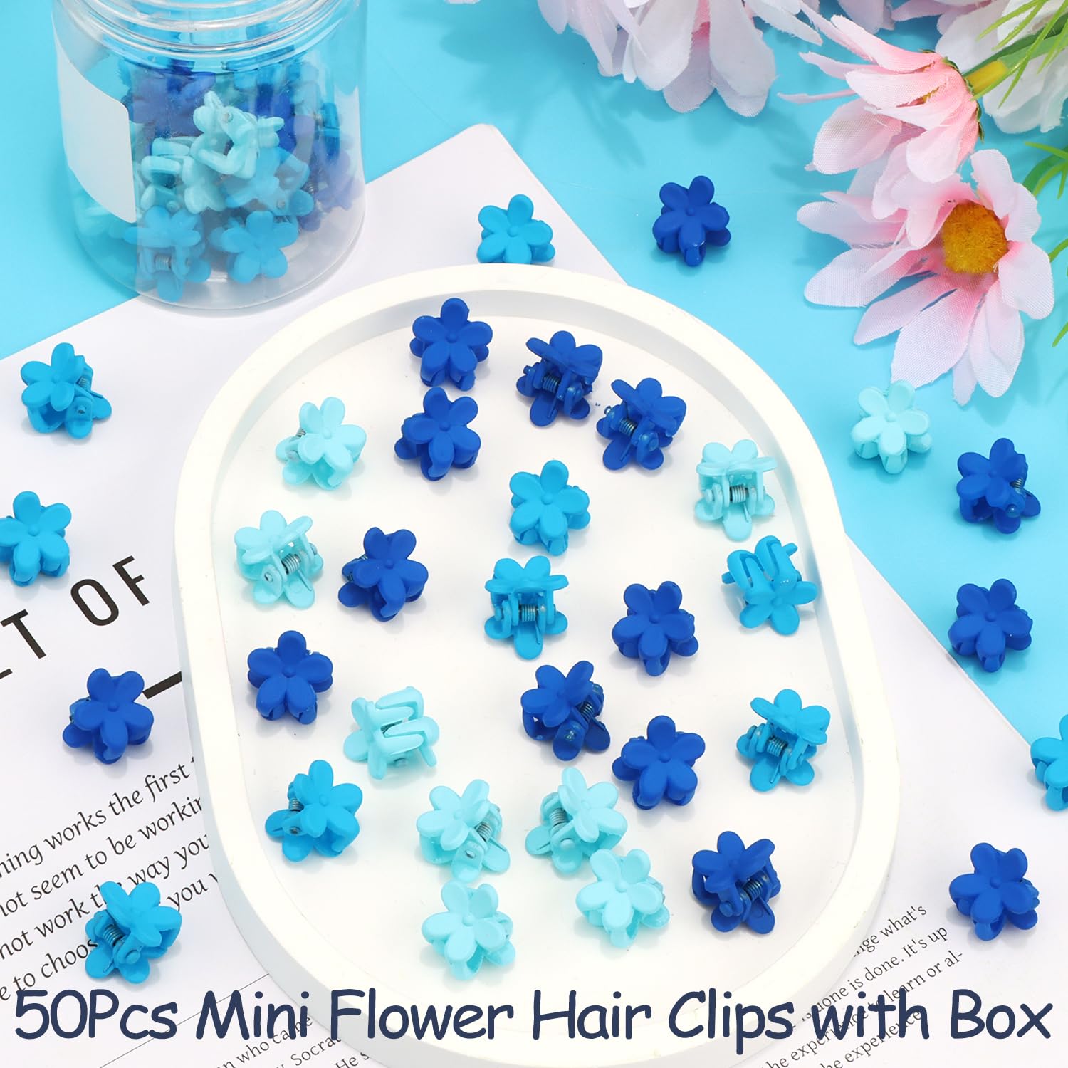 Mini Flower Hair Clips Small 50Pcs Cute Tiny Claw Clips for Bangs Thin Fine Hair Barrettes Decorative Floral Hair Accessories for Women Girls Teens (Blue) - Image 7