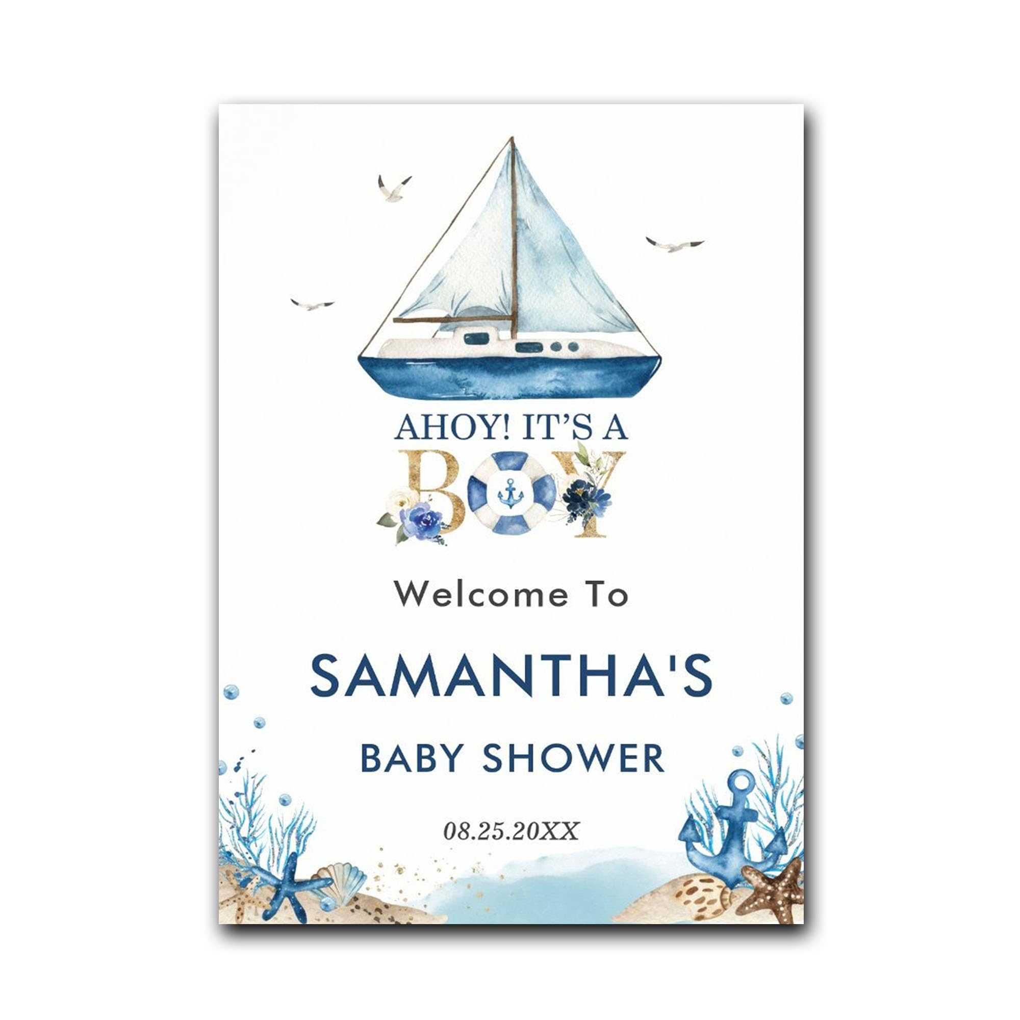 Personalized Chic Nautical Blue Boat Boy Baby Shower Welcome Sign, Beach Themed Welcome Sign For Baby Shower Party Decorations, It's A Boy Baby Shower Signs