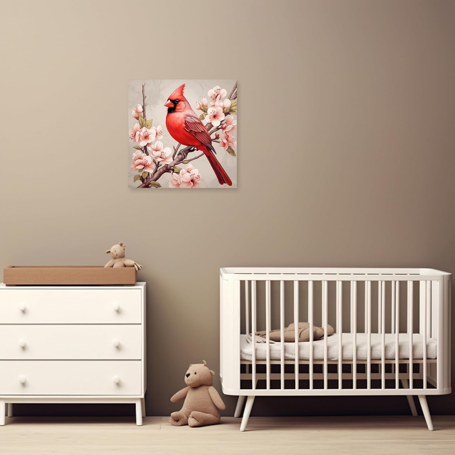 ARTZGX Red Birds Canvas Wall Art Cardinal on Tree Branch with Pink Flowers Painting Christmas Picture for Bedroom Decor Frame(Red Birds - A,12.00" x 12.00")