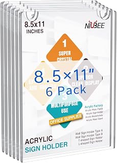 NIUBEE 6-Pack 8.5x11 Vertical Acrylic Wall Sign Holders - Clear Top-Loading Frames, No-Drill 3M Tape & Screws for Offices, Stores