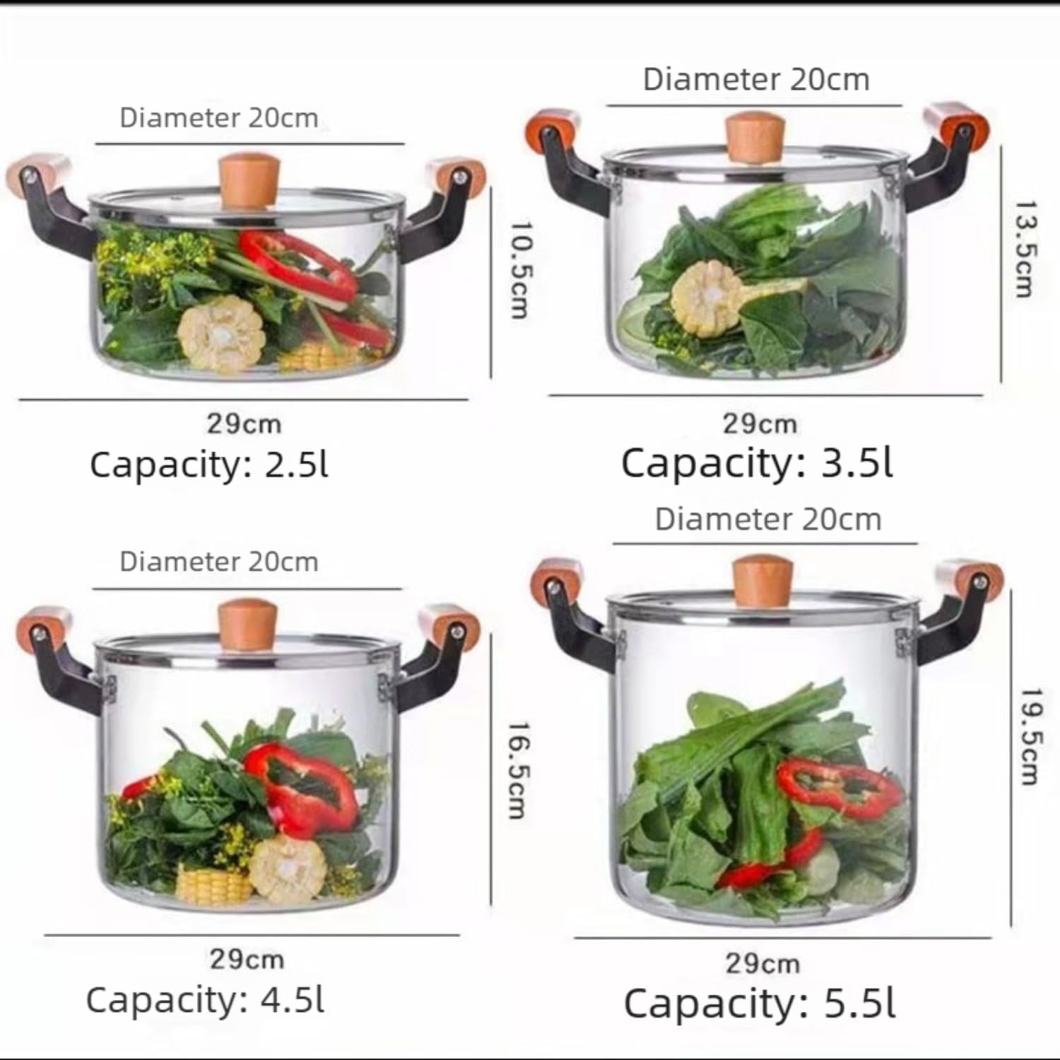 High Borosilicate Glass Pot with Wooden Handles – 2.5L / 3.5L / 4.5L / 5.5L Large Capacity Transparent Cooking Pot, Heat-Resistant Thick Soup & Stew Pot for Home Kitchen (4.5L)