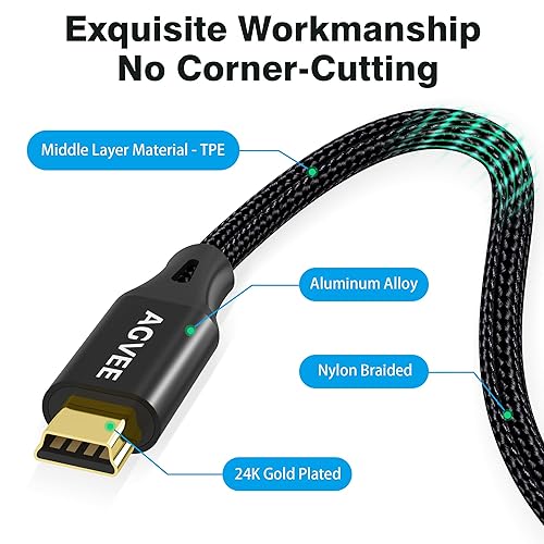 Miniatura 7 de AGVEE Paquete de 2 cables mini USB de 10 pies, cable de carga trenzado duradero USB-A a Mini-B para TI-84, Garmin GPS, Go-Pro Hero 4 3 2 HD,