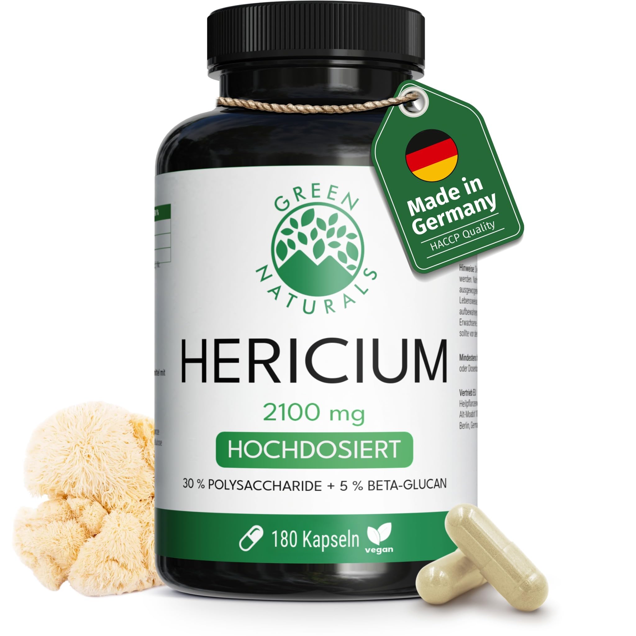 Green Naturals® Lions Mane – 2100 mg Hericium Erinaceus Extrakt pro Tag – 30% Polysaccharide + 5% Beta-Glucan – Löwenmähne Vitalpilz, vegan & ohne Zusätze – Made in Germany – 180 Kapseln