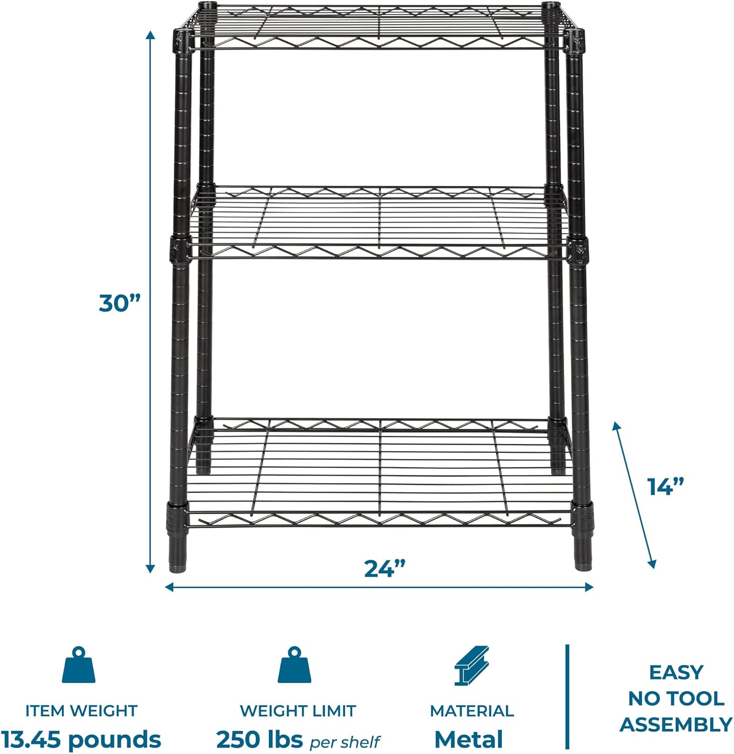 Honey-Can-Do 3-Tier Heavy Duty Adjustable Shelves, Metal Storage Rack With 250-lb Shelf Capacity, Black, 14" W x 24" L x 30" H