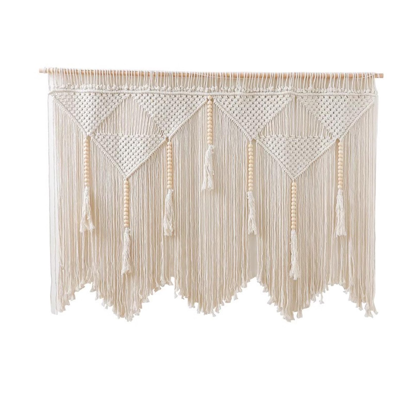 Makrama ścienna wisząca duża tkana tkanina w stylu Boho z drewnianymi patyczkami, geometryczna lina bawełniana gobelin ścienny dekoracje ścienne rękodzieło,Beige-120 x 100 cm