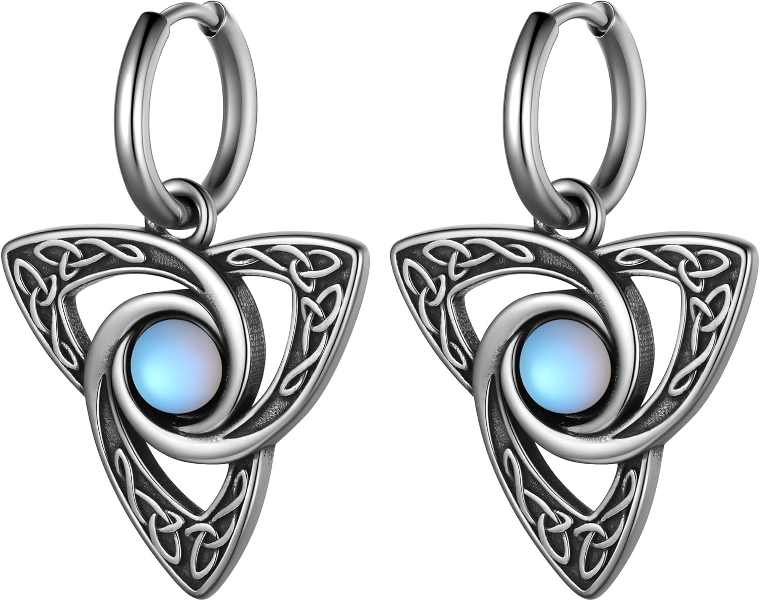 Celtic Knot Triangle Vintage Dangle Drop Earrings, Moonstone Good Luck Irish Trinity Stainless Steel Hoop Earrings
