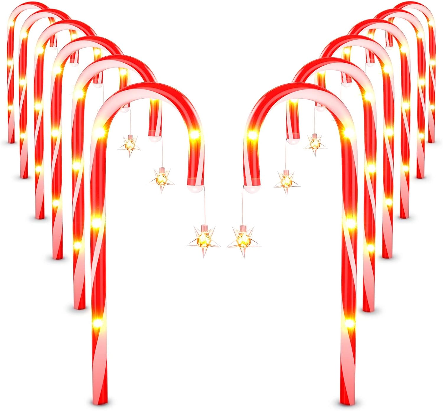 12 Pack Christmas Decorations Outdoor Solar Candy Cane Lights, BUCASA Upgraded Solar Pathway Markers Lights with Star, 8 Modes Indoor & Outdoor Christmas Decorations for Walkway, Garden, Lawn, Yard