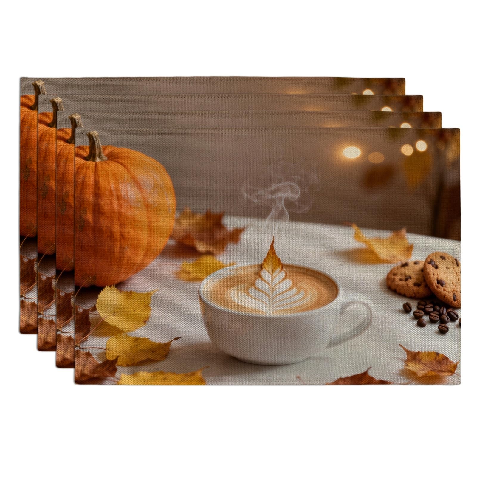 Autumn Pumpkin Leaves Placemats, Cozy Rustic Floral Place mats for Dining Table, Fall Harvest Non-Slip Washable Indoor Outdoor Kitchen Party Decorative Placemat Set of 4