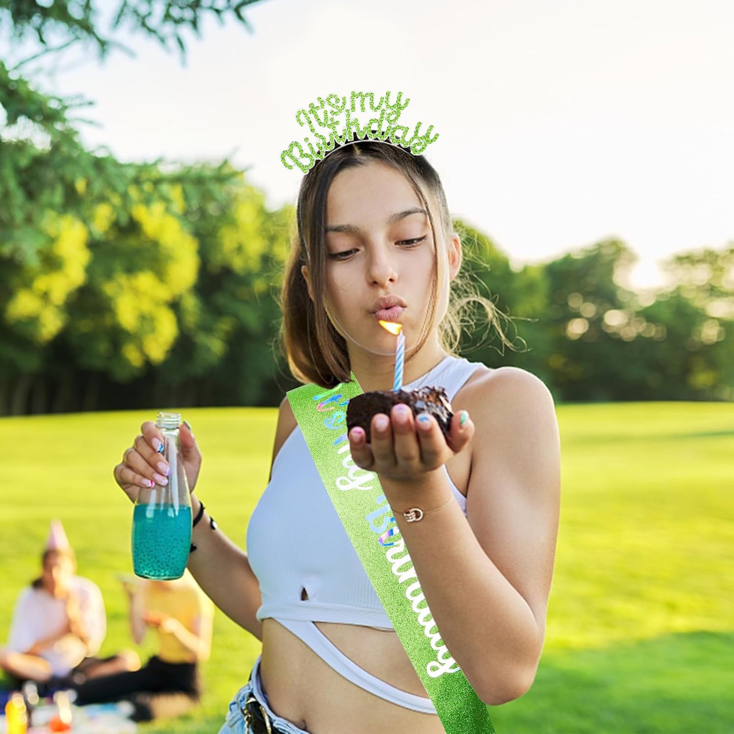 Birthday Crowns Set - Princess Rhinestone Tiara, Birthday Sash & Headband for Women and Girls - Green - Image 5