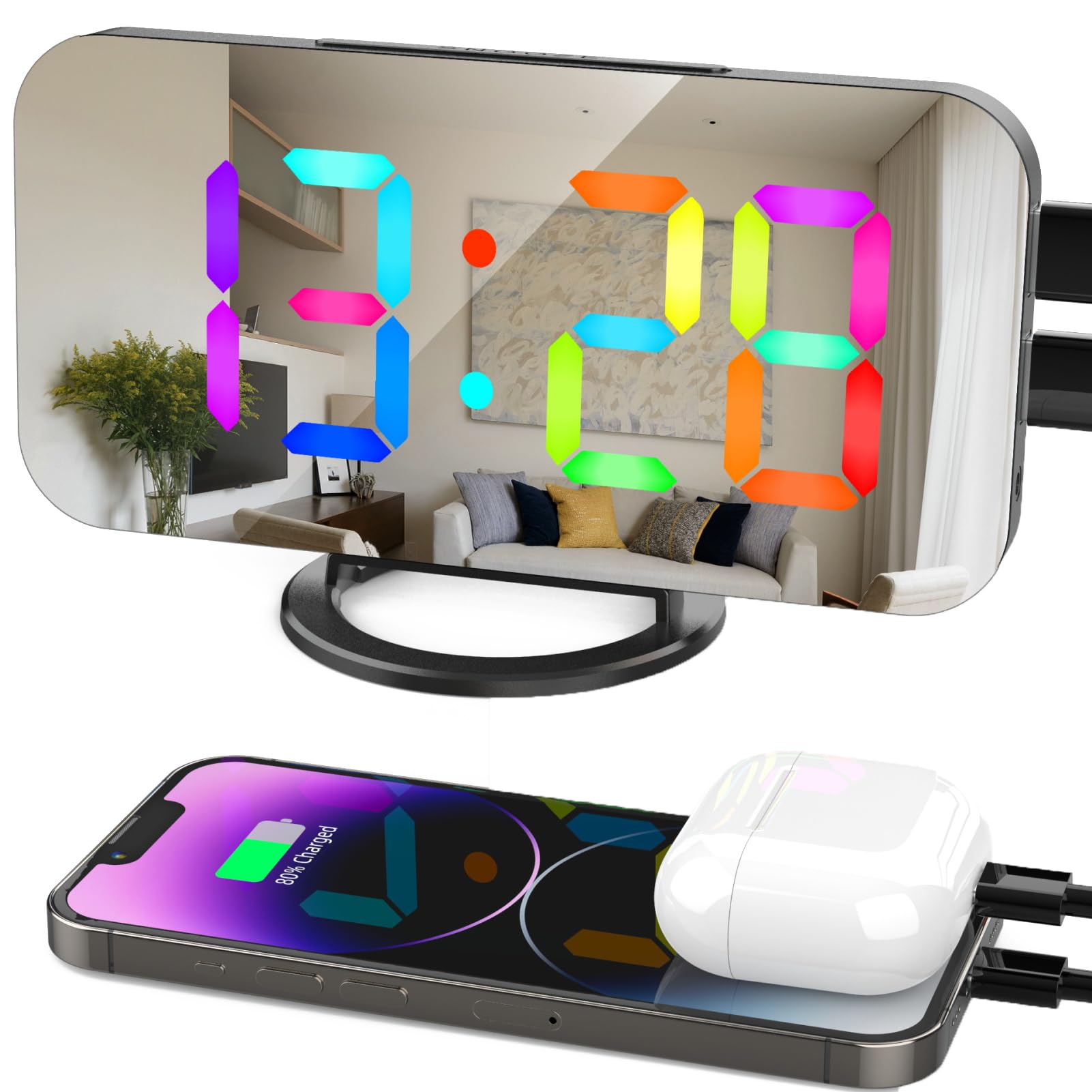 ThreeH RGB Digital Alarm Clock with 11 Colors Changing for Bedroom LED Mirror Display Clock for Kids Teens