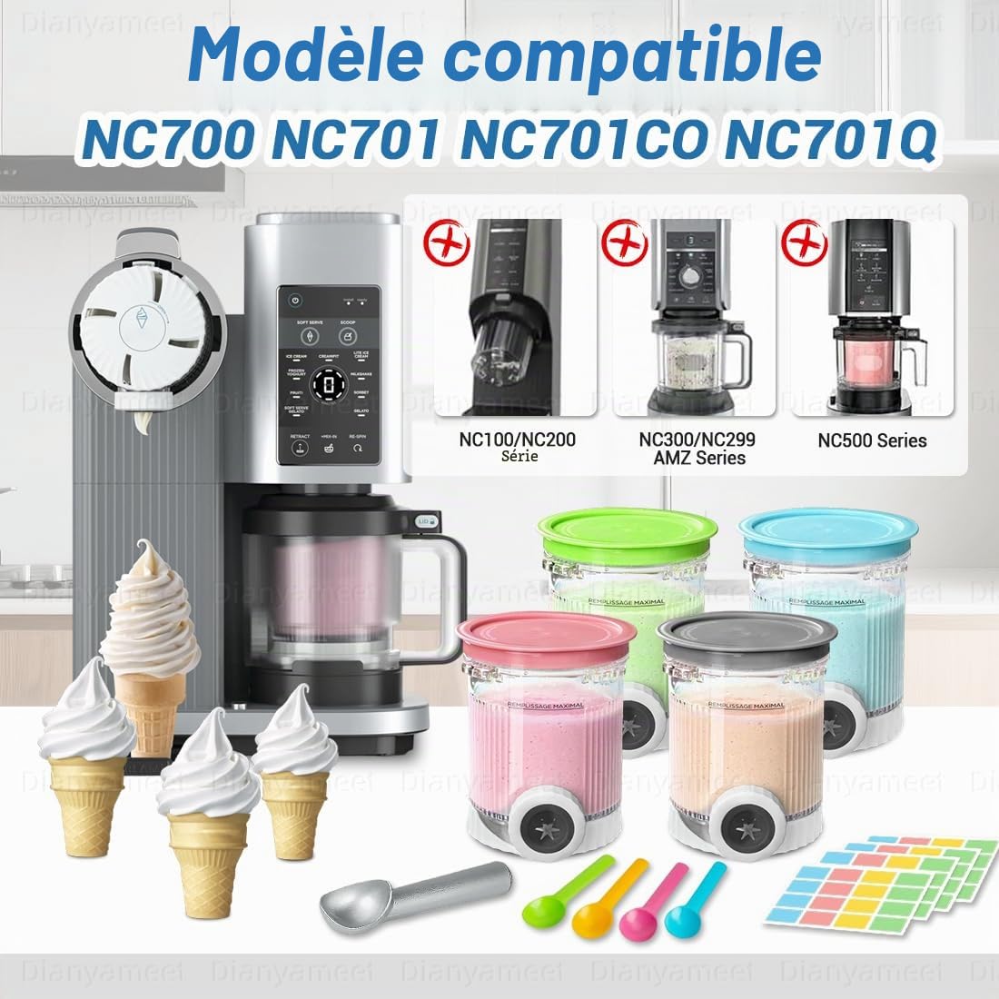 4 récipients de rechange compatibles avec la machine à glace molle Ninja Swirl by CREAMi série NC700 NC7001EU, pour accessoires de coupes à glace Ninja Swirl by Creamy