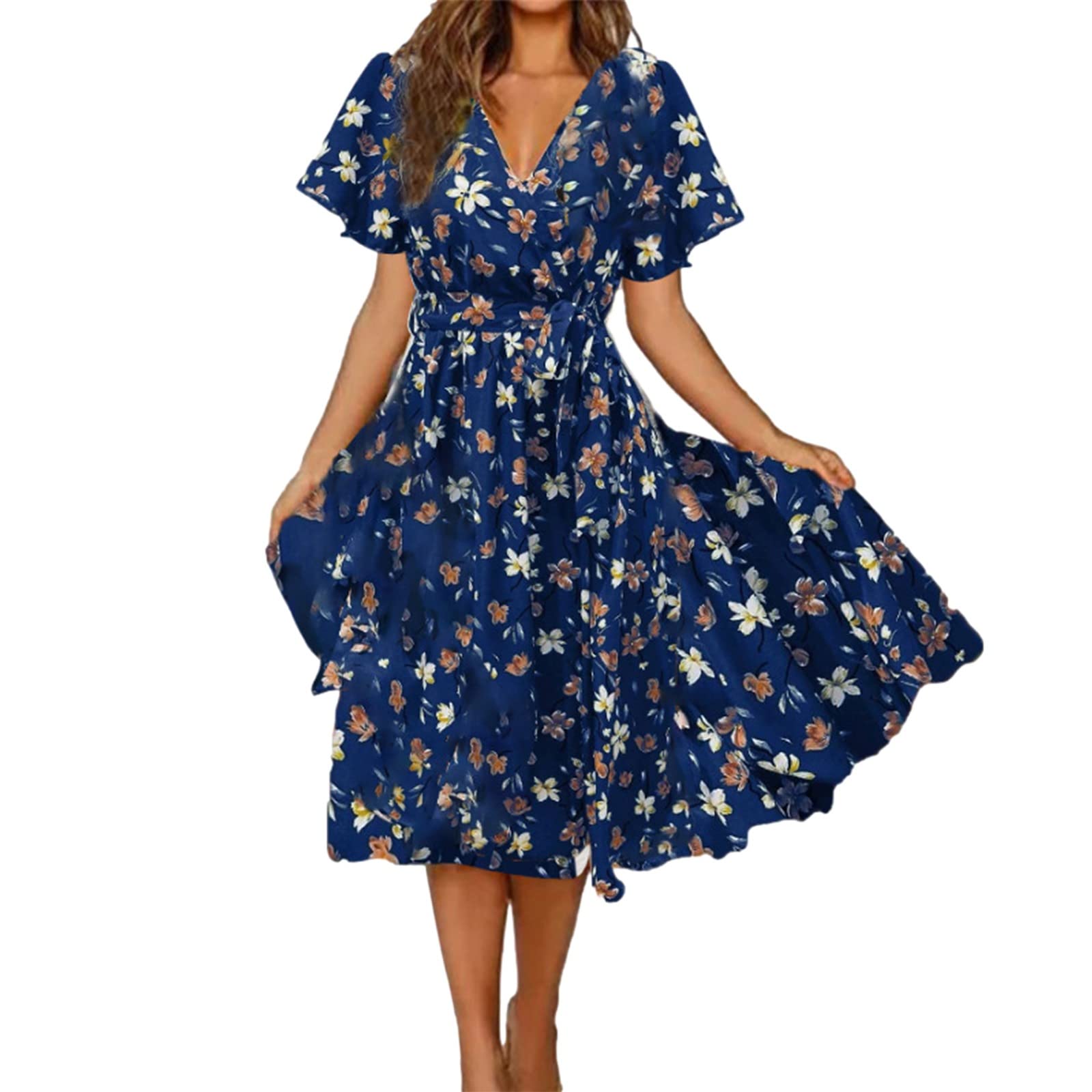 Generic Vestidos casuales de verano de manga corta para mujer, 2024, con vuelo, retro, cuello en V, estampado floral, vestidos de talla grande para mujeres con curvas, vestidos de primavera para mujer