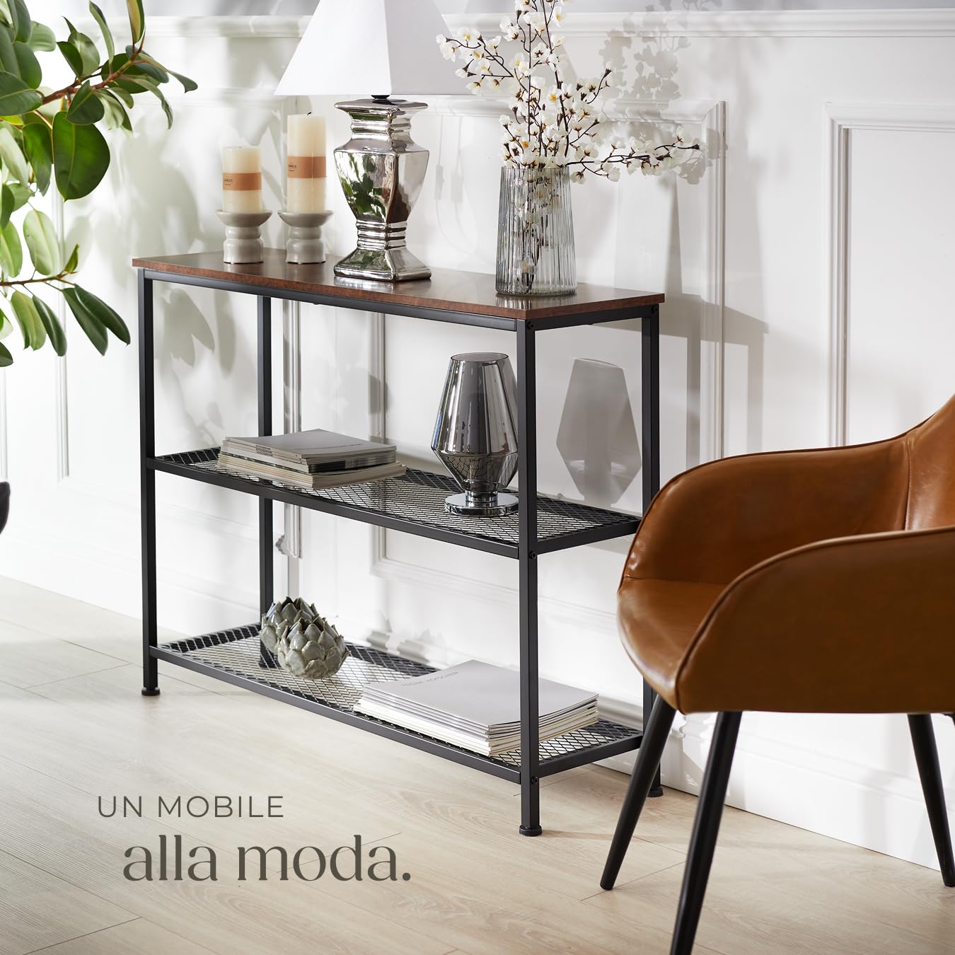 tectake® Tavolo Console, Struttura in Acciaio, Piano in Legno, Due Grandi Piani in Reticolato, Piedi Regolabili, Soggirno, Stile Industriale - Legno Industriale Scuro, Rustico