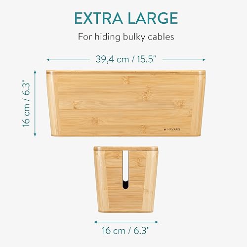 Miniatura 5 de Navaris Caja de ordenamiento de cables  Caja de almacenamiento de cables de bambú organizador para cables, enchufes de extensión, cargadores y