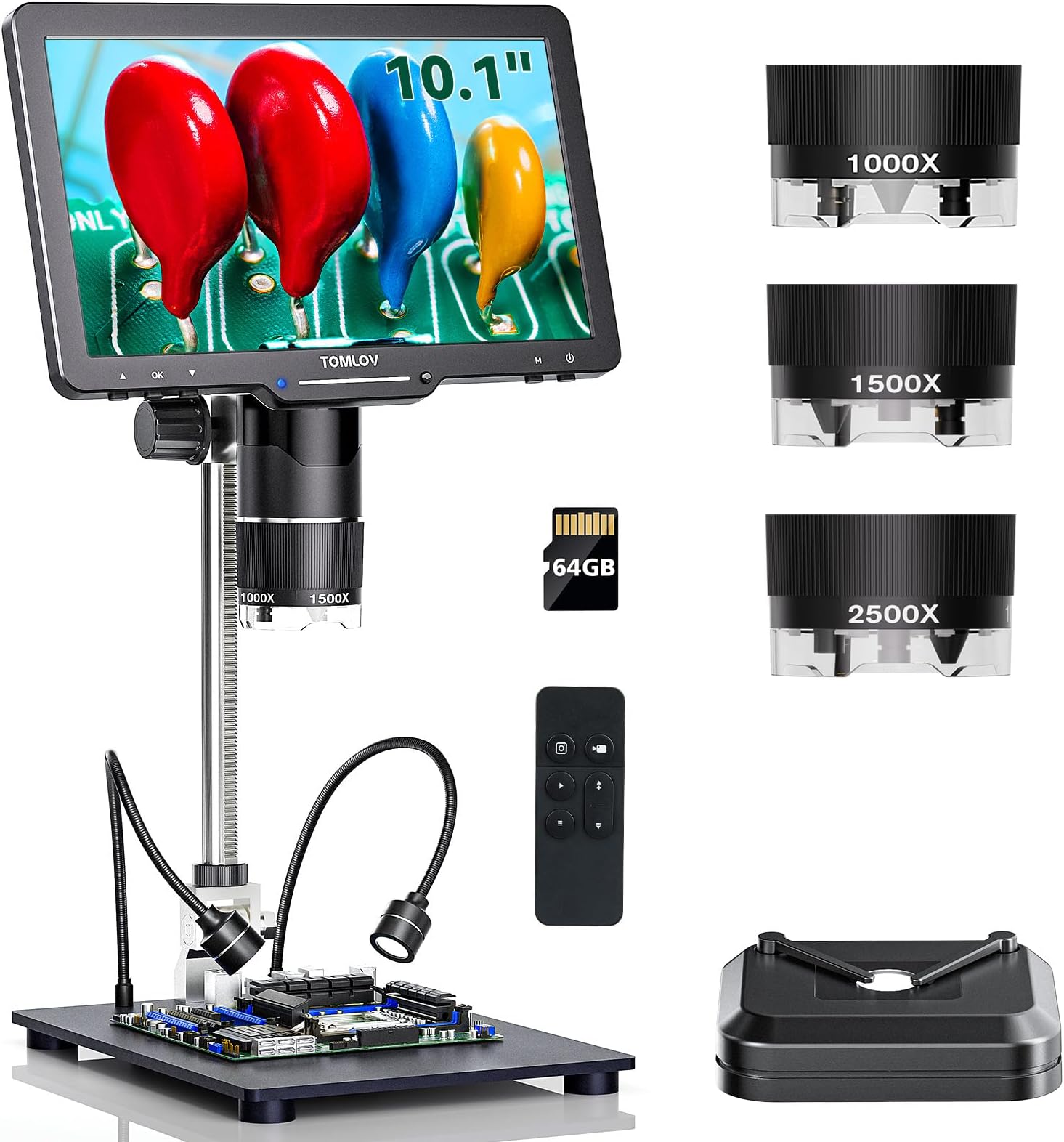 TOMLOV Digital Microscope, 3 Lenses, 2K HDMI Microscope, 2500x Magnification, IPS 10.1 Inch, Coin Microscope, Full Coin, LCD Welding Microscope, 14 LED Lamps, Compatible with PC/TV, Adults, Biological Observation, Free Research, Biology Education, Gemology, Circuit Board Repair, Electronic Microscope, Japanese Compatible, 64GB Digital Microscope 0