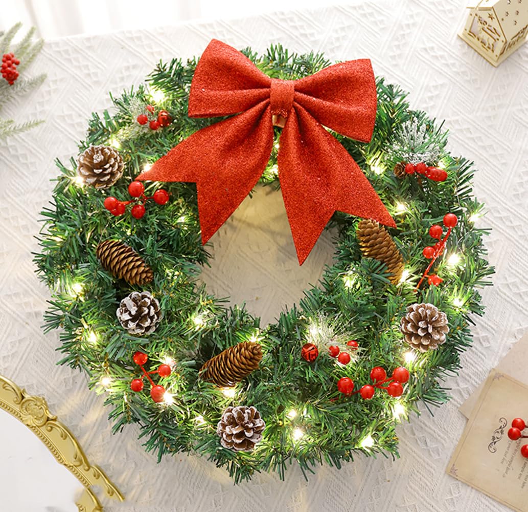 Couronne de Noël à Piles, couronnes de Noël pour Porte d'entrée, Couronne de Noël extérieure, couronnes de Noël avec lumières, alimentées par Batterie et réutilisables. (40cm)