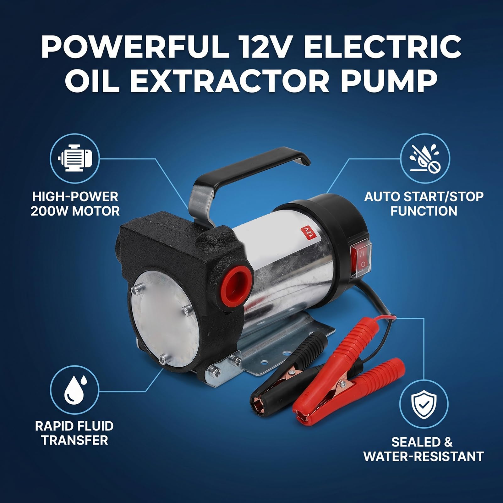 Bomba Extractora de Aceite Eléctrica de 12V para Propietarios Coches Barcos Motos,Motor 200W con Caudal 50L & Min,Arranque y Parada Automáticos,Impermeable Prueba Polvo
