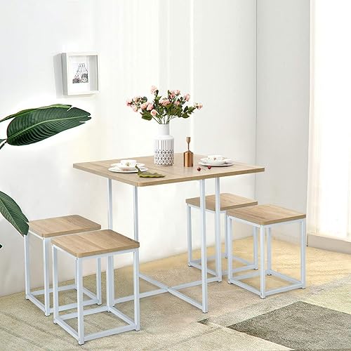 Miniatura 6 de Giantex Juego de mesa de comedor de 5 piezas juego de mesa de cocina industrial con 4 taburetes mesa cuadrada que ahorra espacio y sillas para