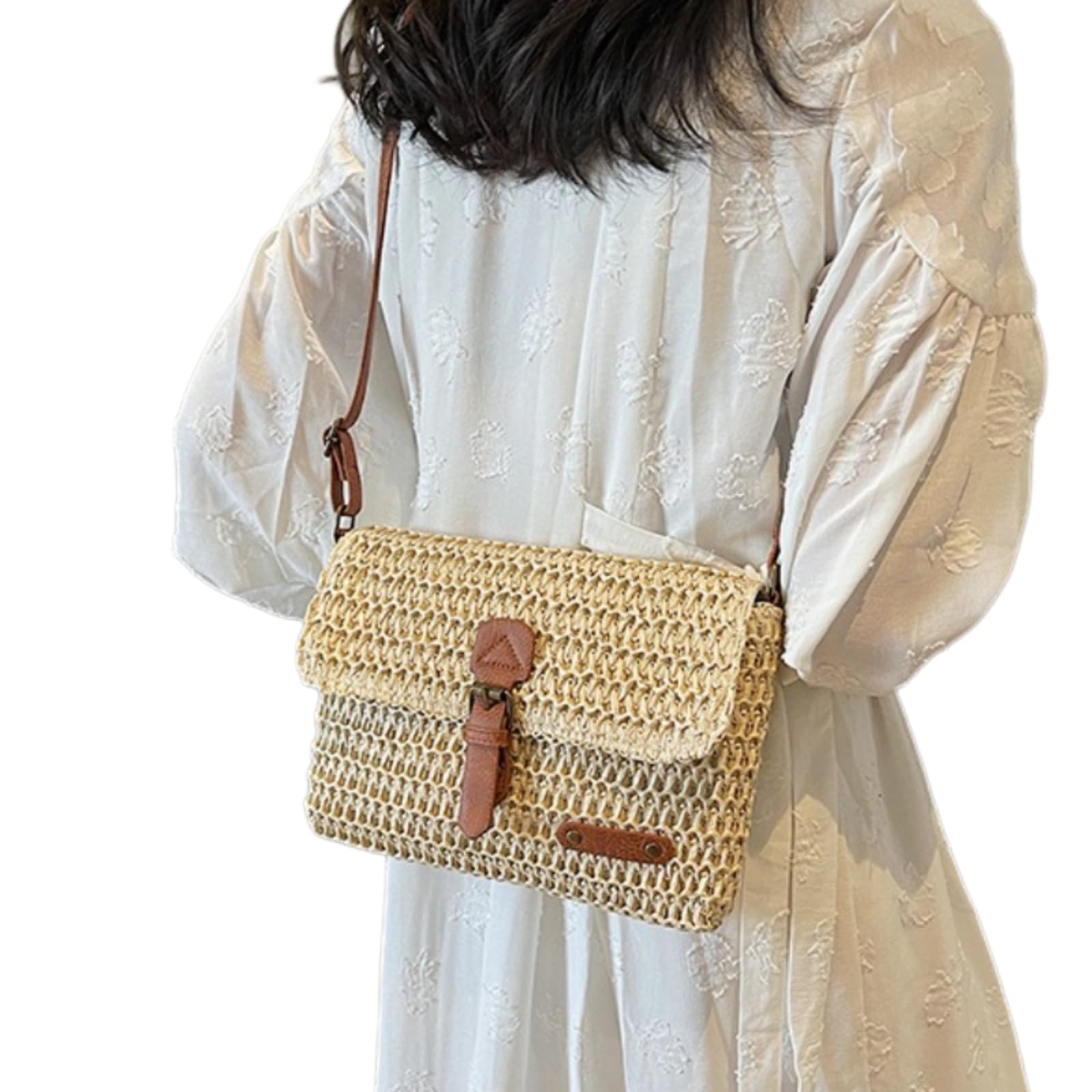 Beauty Case Borsa A Spalla di Paglia Tessuta Donna Crossbody Leggera Viaggio Spiaggia Estiva Elegante-Beige