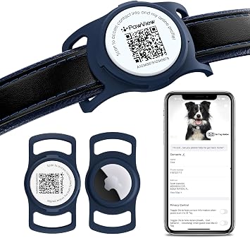 for air tag Dog Collar Holder with QR ID, Durable & Waterproof Silicone for air tag Case Accessories, Scan Alert, Instant Location, Pet Online Profile, Contacts Info 1 Pack, Navy Blue