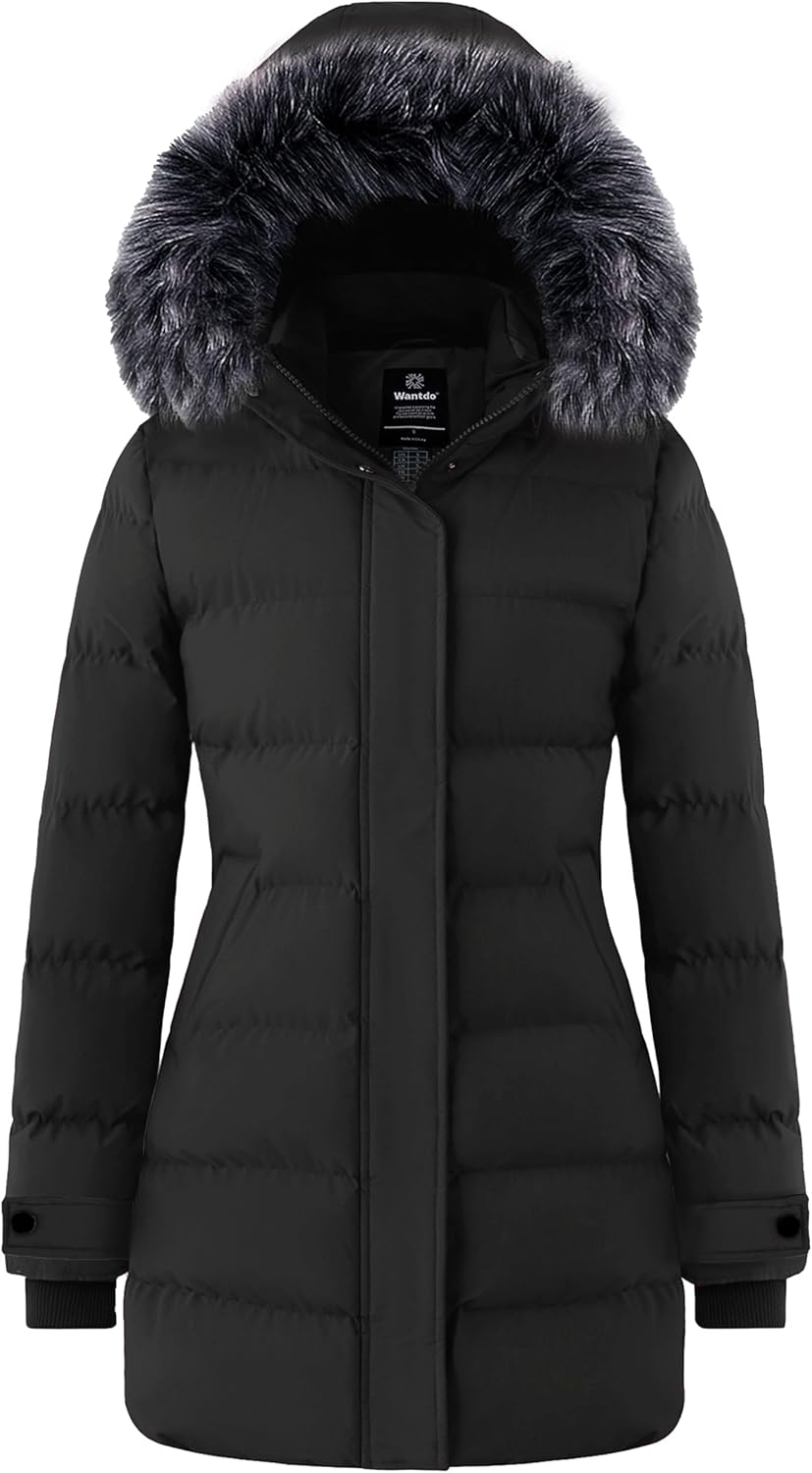 Wantdo Women's Long Quilted Winter Coat Thicken Puffer Jacket with Faux Fur Hood