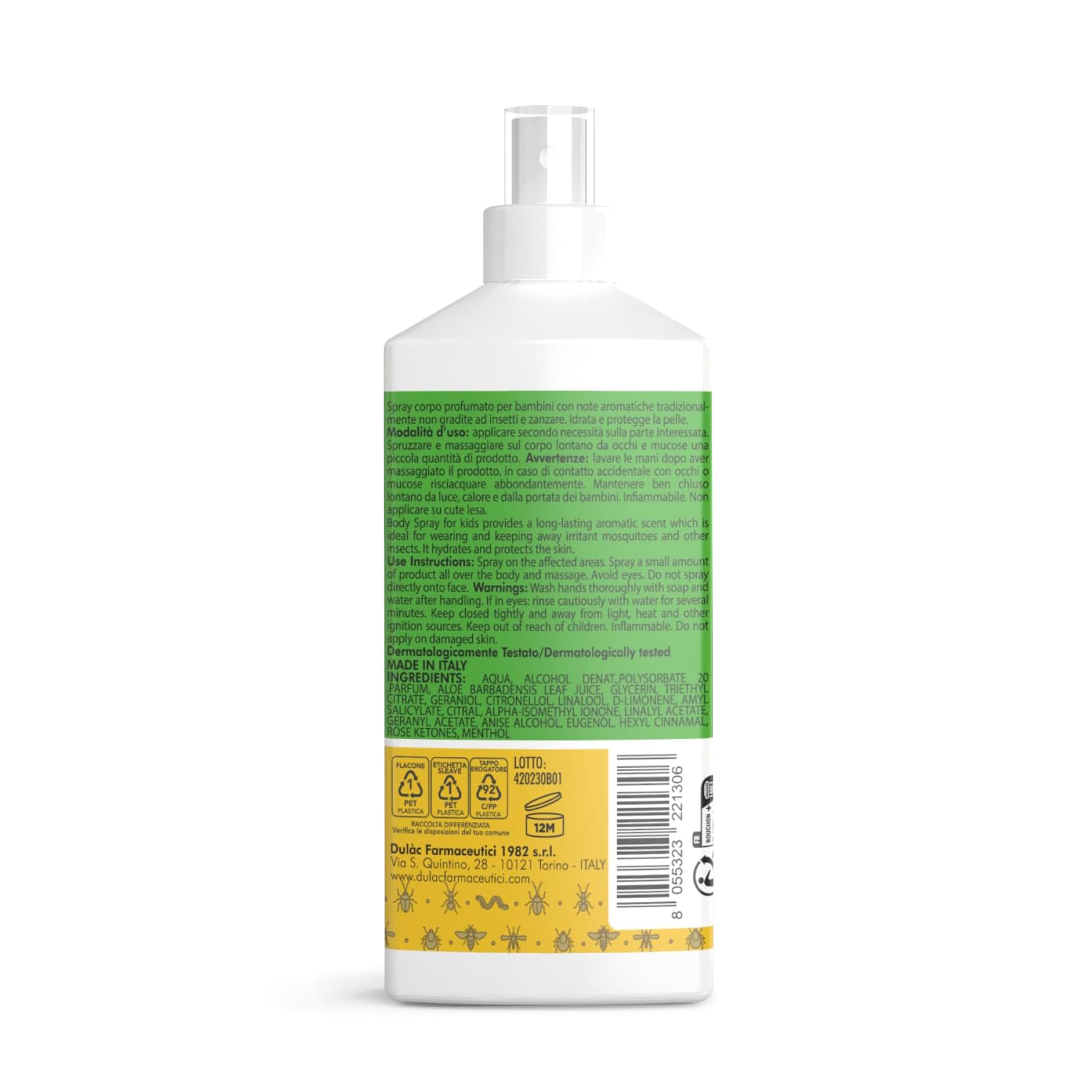 Dulàc - NOZZZ Spray Corpo Profumato per Bambini, 100 ml Spray Antipuntura, Protezione Lunga Durata, Contiene Aloe Vera, Repellente Zanzare e Insetti