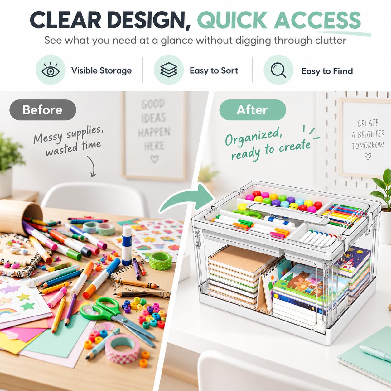 Organizador de suministros de arte, caja de almacenamiento transparente de