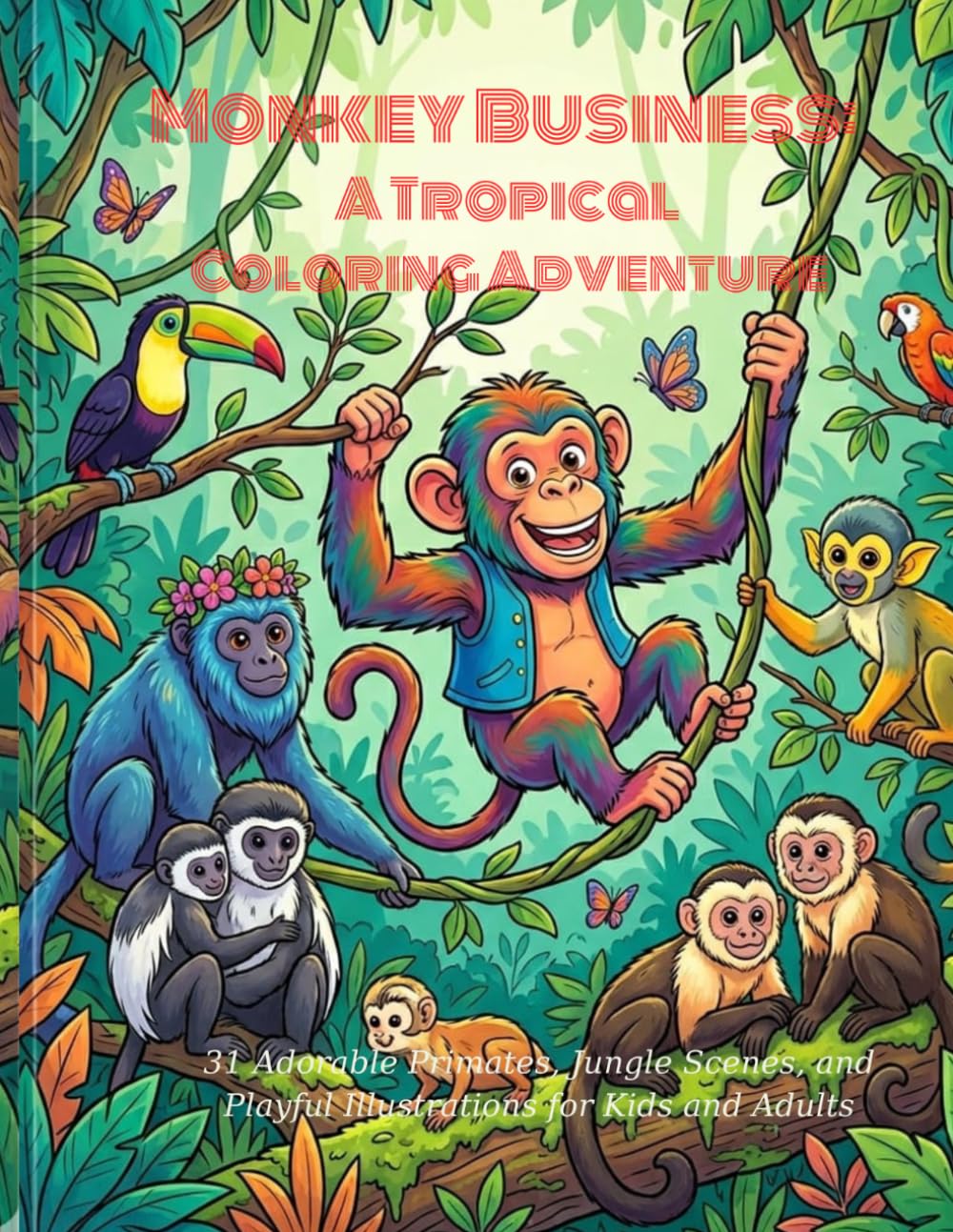 Monkey Business: A Tropical Coloring Adventure: 31 Adorable Primates, Jungle Scenes, and Playful Illustrations for Kids and Adults