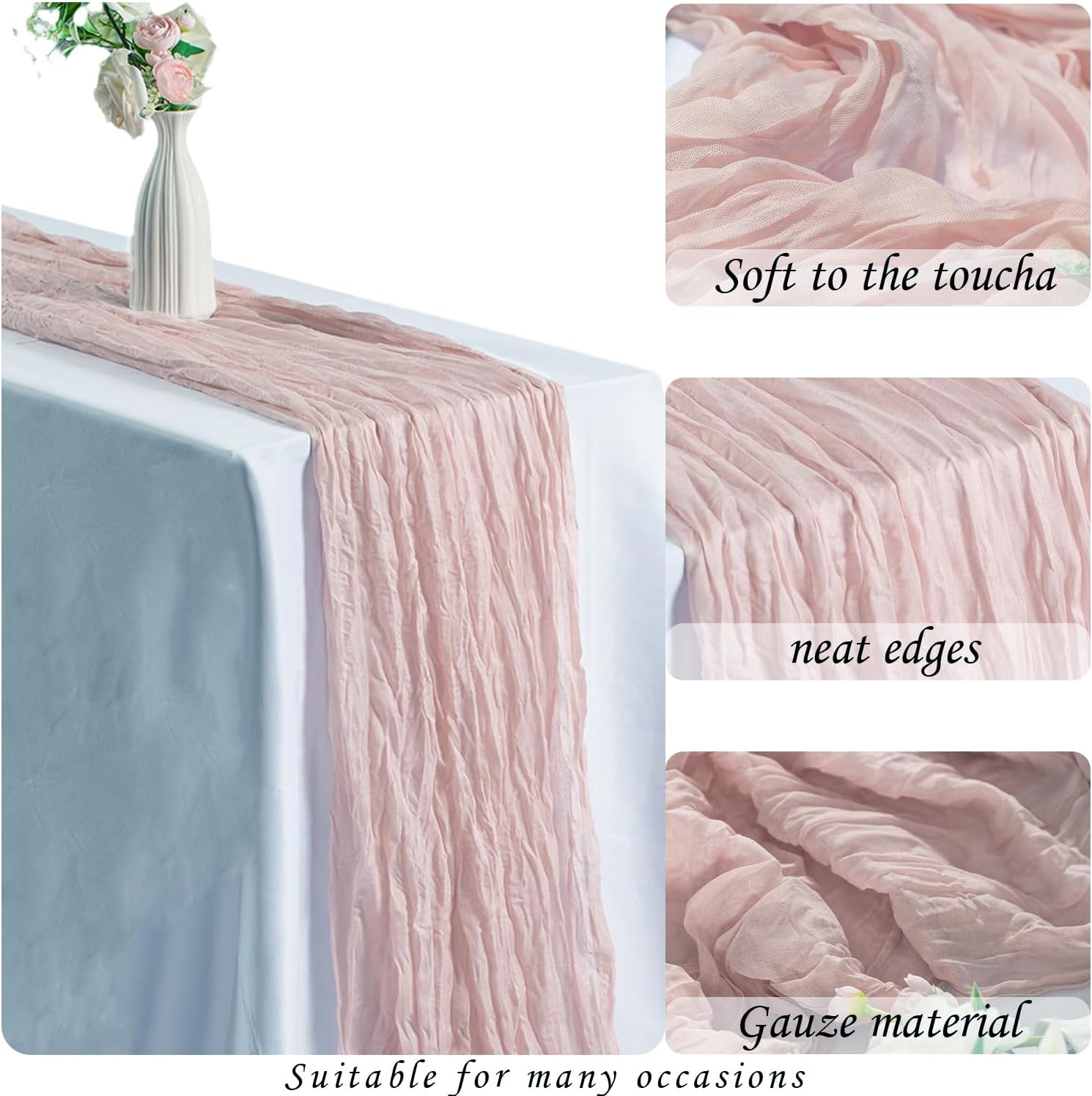 10FT Cheesecloth Table Runners for Wedding & Holiday - Jumbo 35x118 Inch Wrinkle Texture, Machine Washable Boho Table Decor (Dusty Pink, 12PK-35x118 inches)