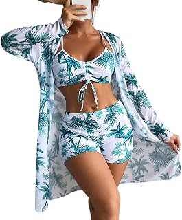 Yknktstc Women 3 Piece Bikini Set Swimsuit Tropical Beach Cover up Kimono | ruched high waist tummy coverage boy shorts, bright tropical colors, cute long sleeve mesh cover up, swimwear bathing suit