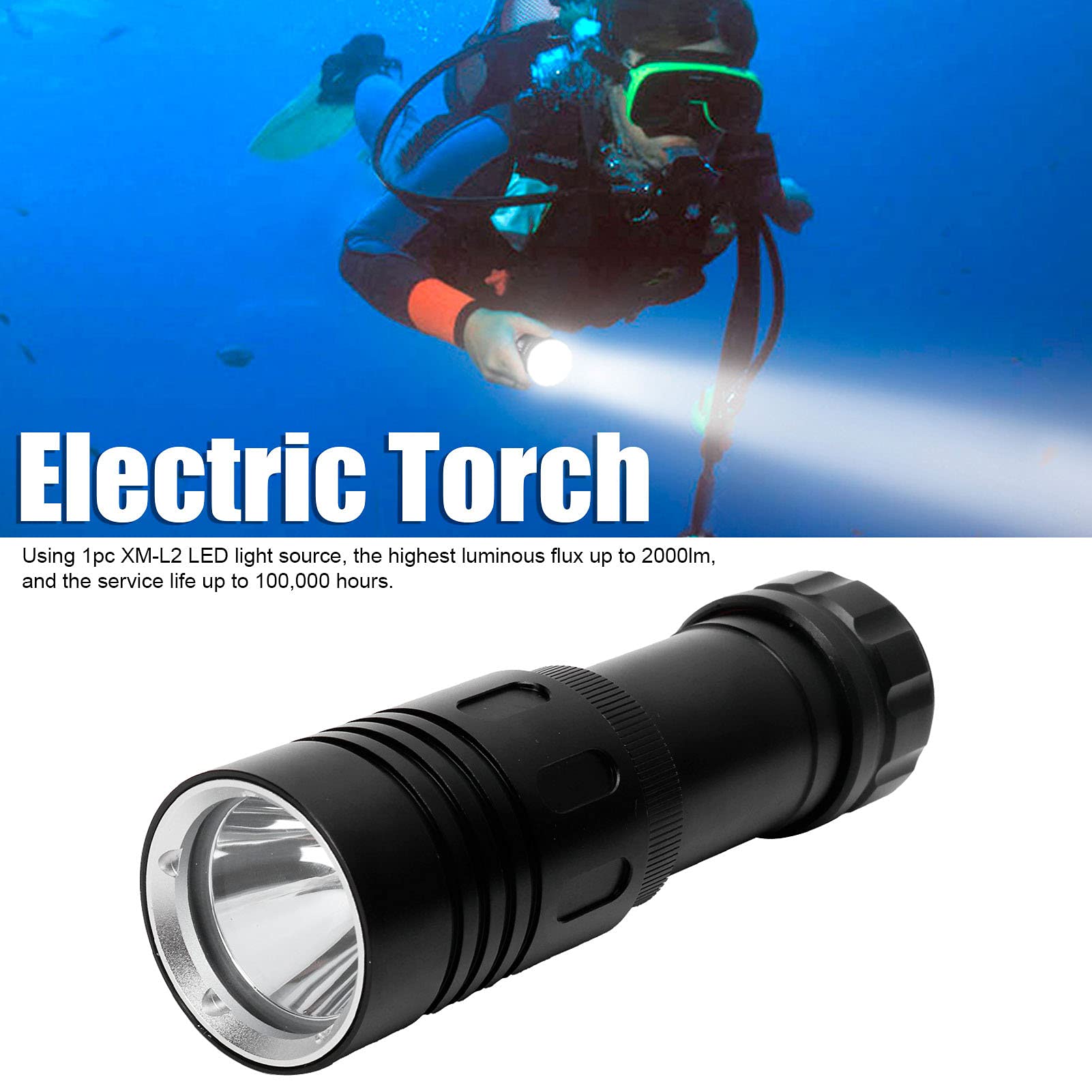 Lampe Torche Plongée étanche L2 LED – 1600LM, IPX8, 50m, Avec Bande Lumineuse