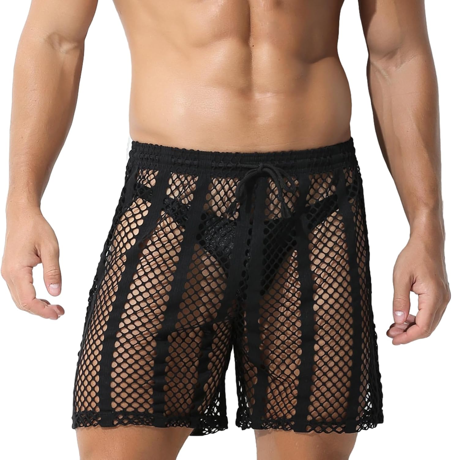 Evankin Mens Sexy stripe Fishnet Shorts See Through Mesh Loose Shorts Sheer Lounge Boxer Underwear Trunks