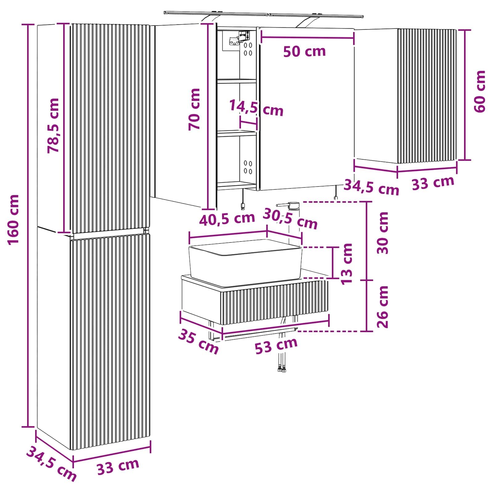 Juego de 5 muebles de baño de roble Sonoma de madera y cristal con espejo LED, montaje en pared para baño moderno, incluye espacio de almacenamiento, iluminación USB, espejo de doble cara