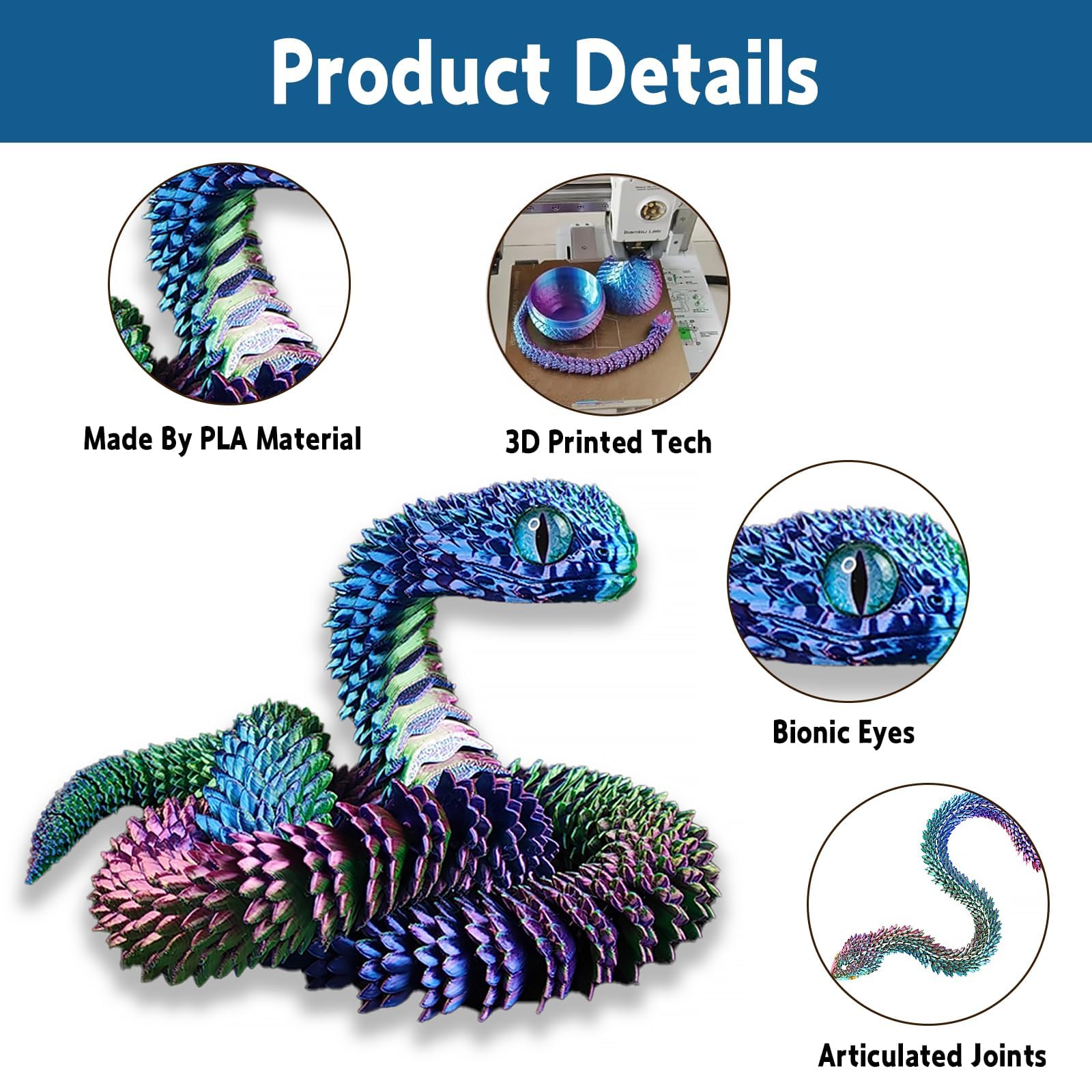 nnOuOnn 3D Printed Snake in Egg 17.7in for Adults Articulated Flexible Snake Statue Decor for Home and Office Decoration (Red Green Blue) - Image 3