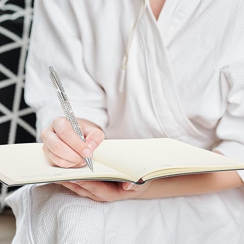 Miniatura 5 de Kosiz Juego de 2 bolígrafos de diamantes de imitación, bolígrafos de cristal, cuaderno plateado brillante A5, accesorios de oficina, suministros