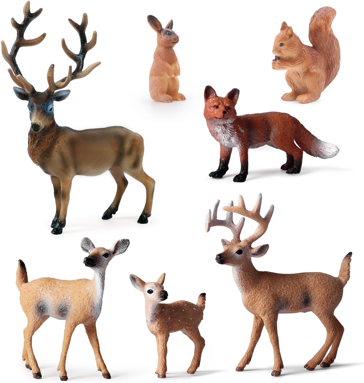 7Pcs Forest Animals Figures Toys, Miniature Woodland Creature Figurines with Deer Family, Elk, Fox, Rabbit, Squirrel for Kids Educational Birthday Christmas Cake Decoration Party Favors