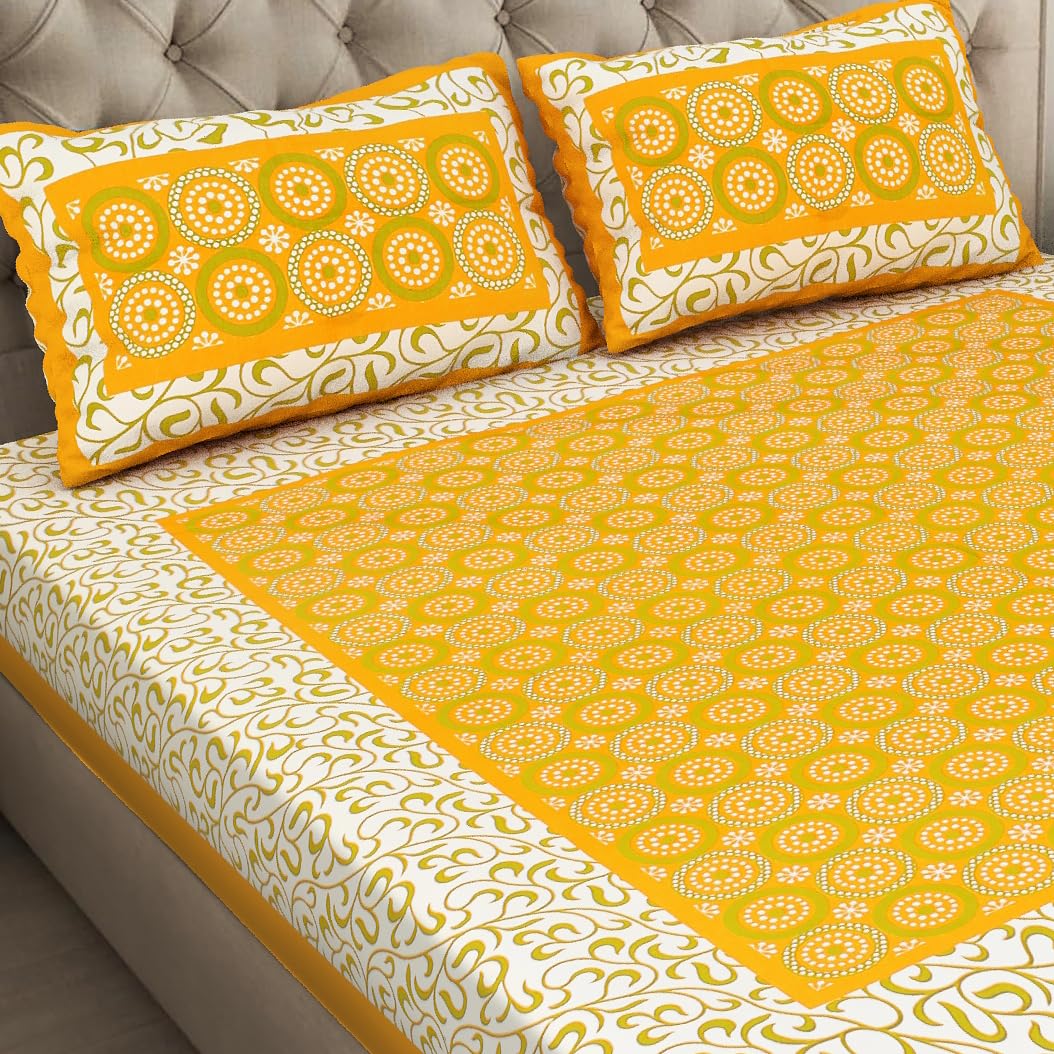 JAIPUR PRINTS 100% Cotton Bedsheet for Queen Size bedsheets for Double Bed Rajasthani/Jaipuri Printed Queen Size Bedsheet with 2 Pillow Cover/ 90x100 inch/ 235x215 cm / (Gold)-image-7