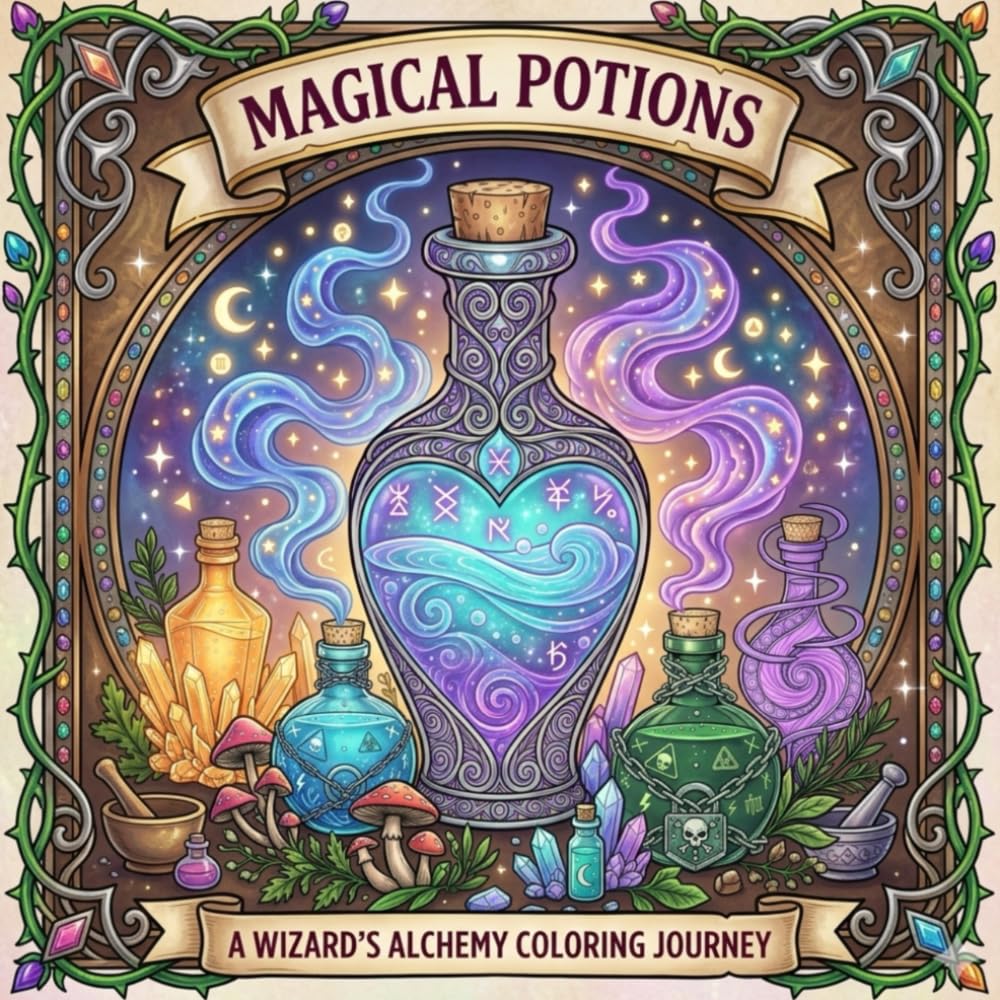 Magical Potions Coloring Book: 50 Mystical Potion Bottles, Alchemy Elixirs, and Enchanted Brews for Relaxing Fantasy Coloring