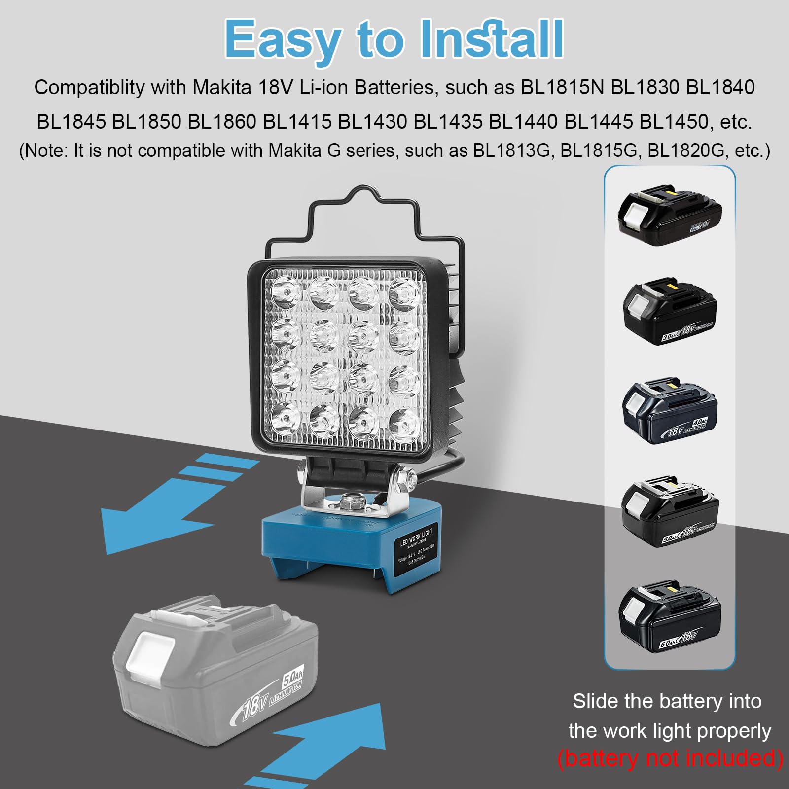 QUPERR Luce Da Lavoro LED 48W Per Batterie Makita 18V - Illuminazione Potente Con USB E Type-C - Foto 7