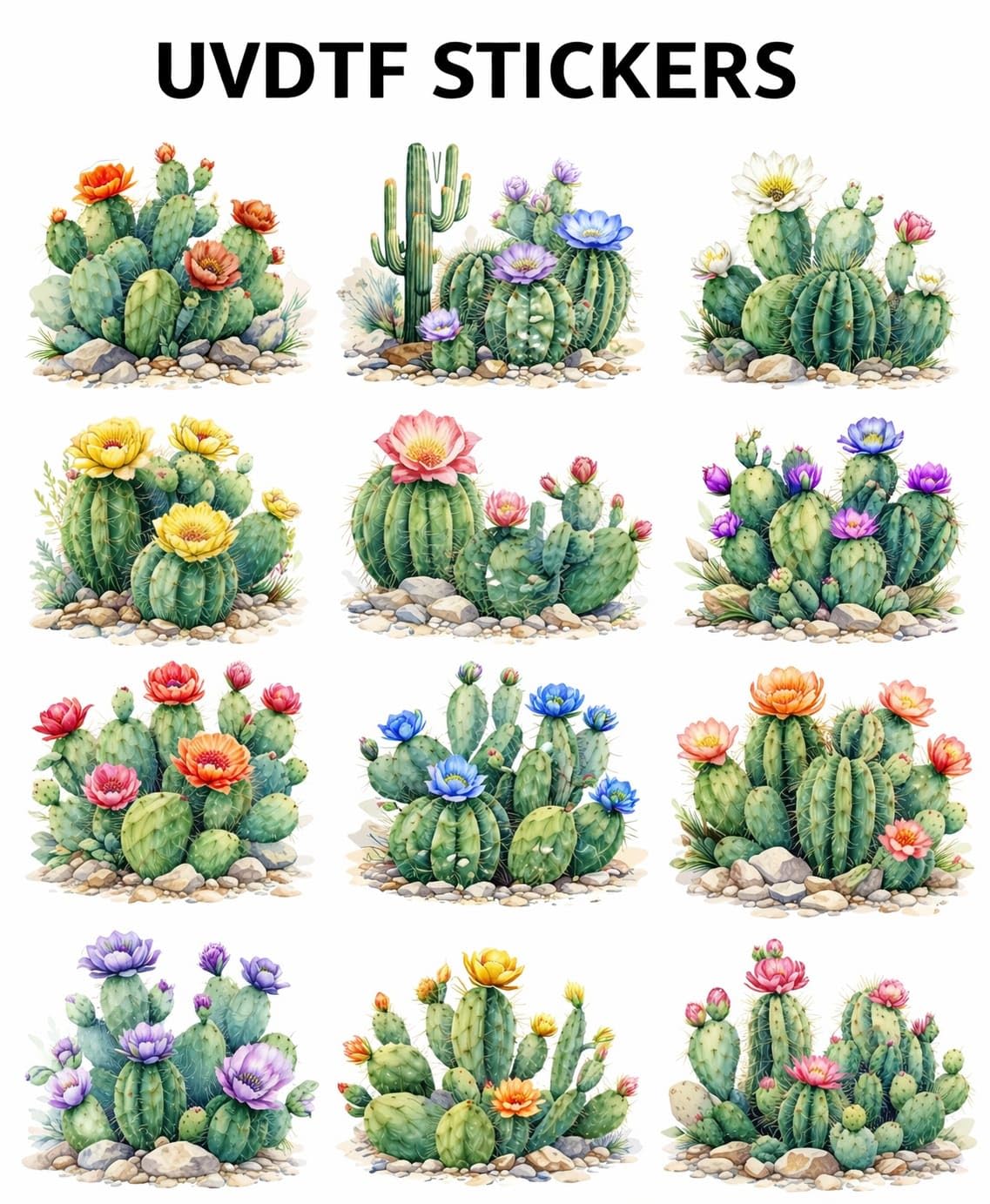 UVDTF Watercolour Flowering Cactus Transfer Stickers, 2.5x2.5 Inch, Waterproof Decals for Mugs, Water Bottles, Laptops, Pack of 12