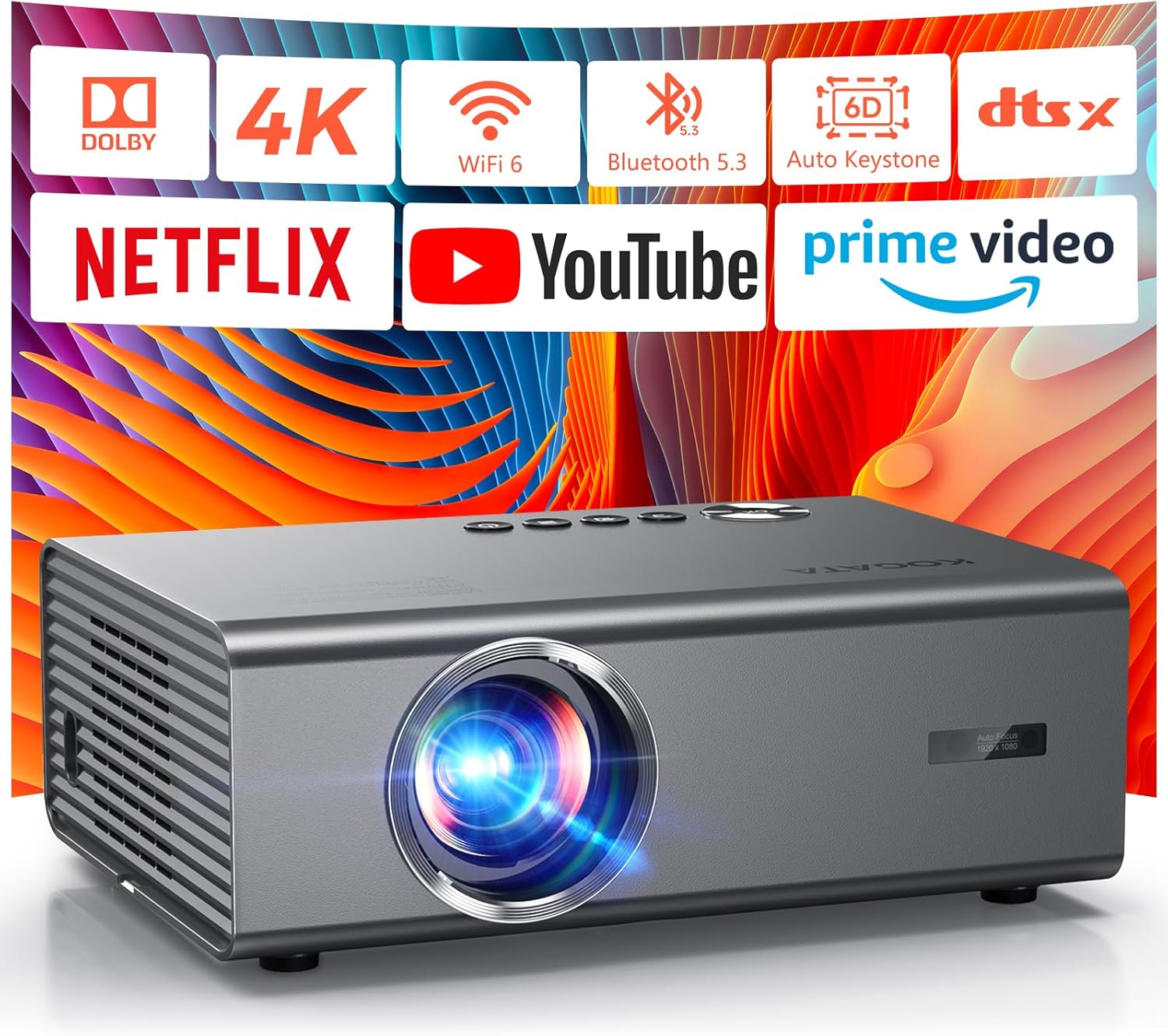 Product image of 4K Projector with Netflix& Dolby Audio, 1200ANSI Auto Focus&6D Keystone Kogata Smart Projector with Built in Apps Outdoor Movie Proyector with WiFi 6 Bluetooth for Home Theater UPGRADE