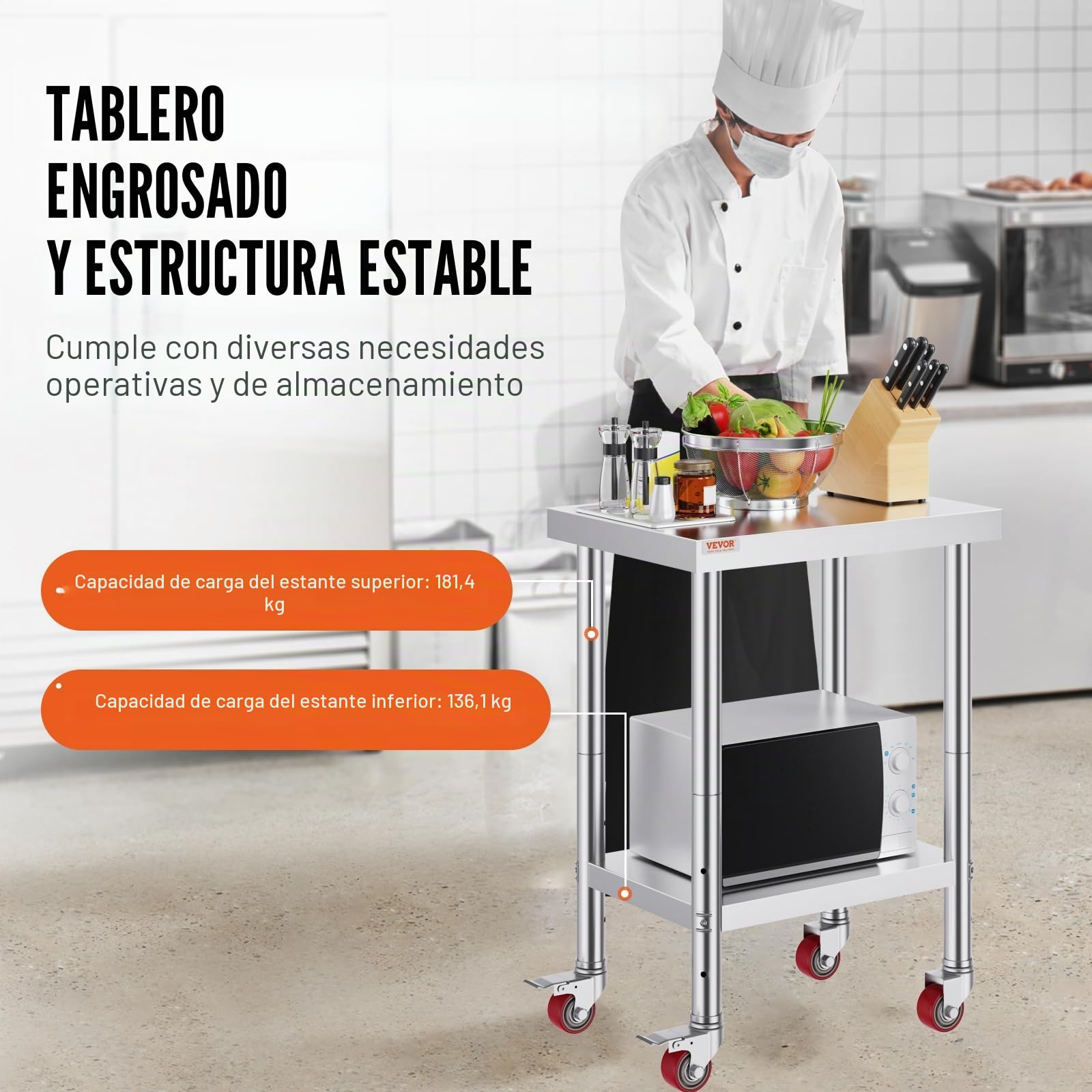 VEVOR Mesa de Preparación de Comida de Acero Inoxidable 61x45,7x86,4cm Tabla de Cocina Profesional Capacidad de Carga 100 kg Tabla de Trabajo de Cocina Catering Ajustable para Restaurante Escuela