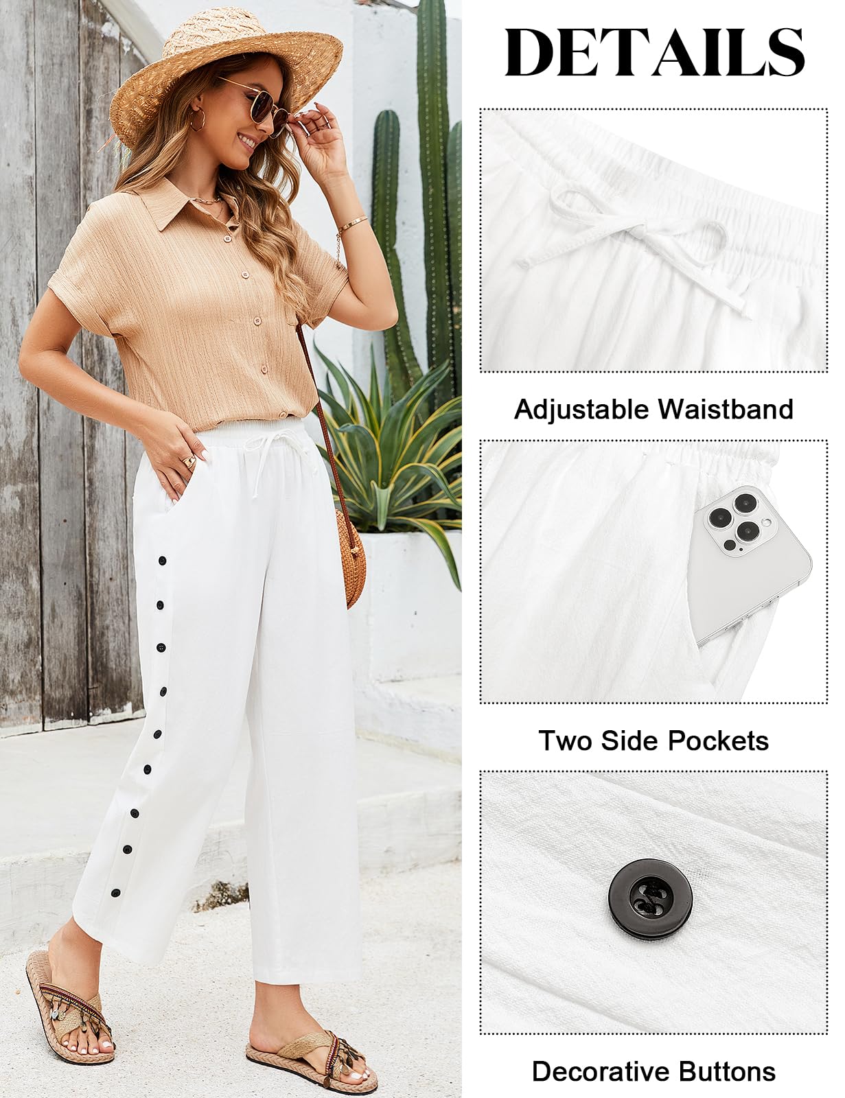 Voqeen Pantalon Femme Été 7/8 Pantacourt Fluide Léger avec Poches Pants de Plage Ample Décontracté Taille Elastique en Coton Pantalon de Travail avec Cordon
