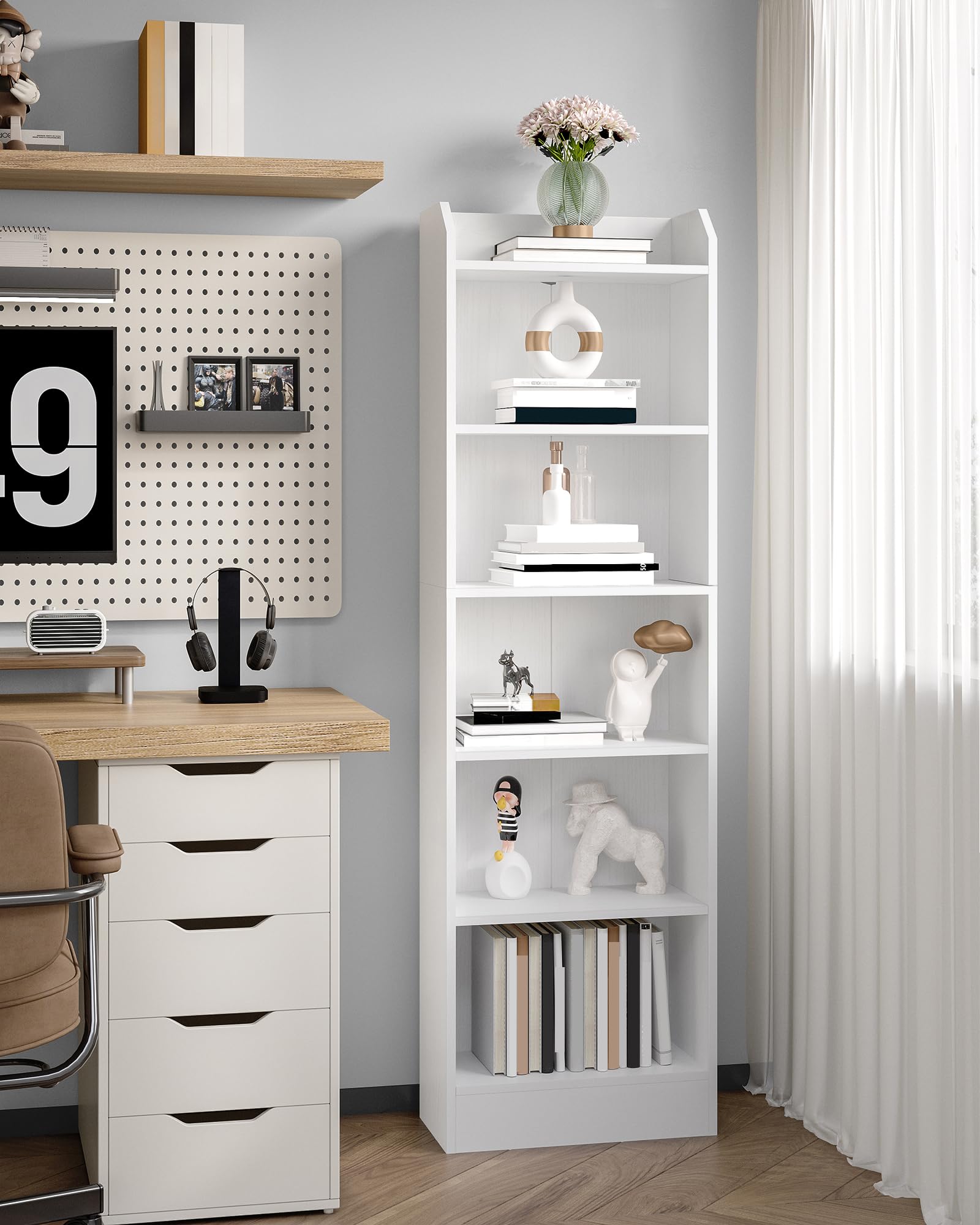 Hzuaneri Bücherregal, 6-stöckiges Standregale, Aufbewahrungsregal, Regal für Sammlerstücke, Verstellbare Paneele, für Wohnzimmer, Büro, 24 x 48 x 169,5 cm, Weiß 02903XBC