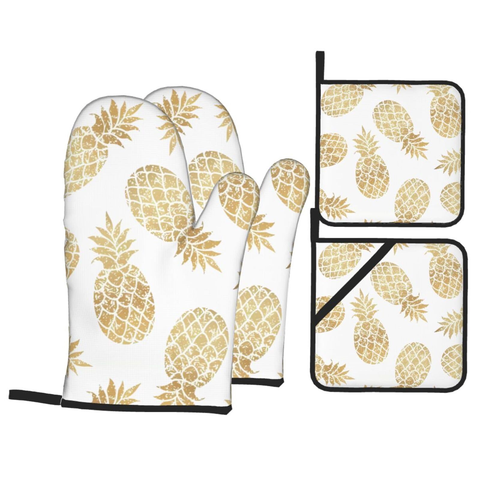 WHJSHOP golden pineapple background Prints Oven Mitts & Pot Holders Set - Waterproof Kitchen Layers & Heat Resistant - Durable Covers for Safe Cooking & Easy Cleanup