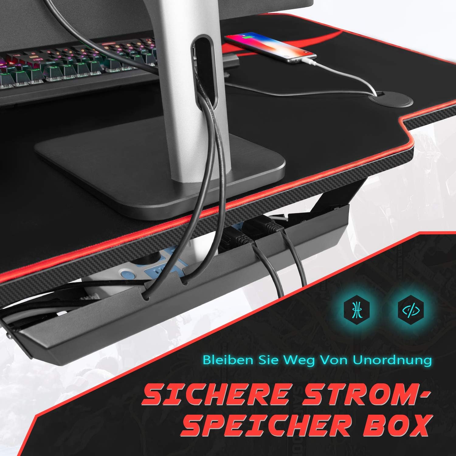 Close-up of the cable management box under the Homall KMG-GD94T Gaming Desk, showing cables neatly organized.
