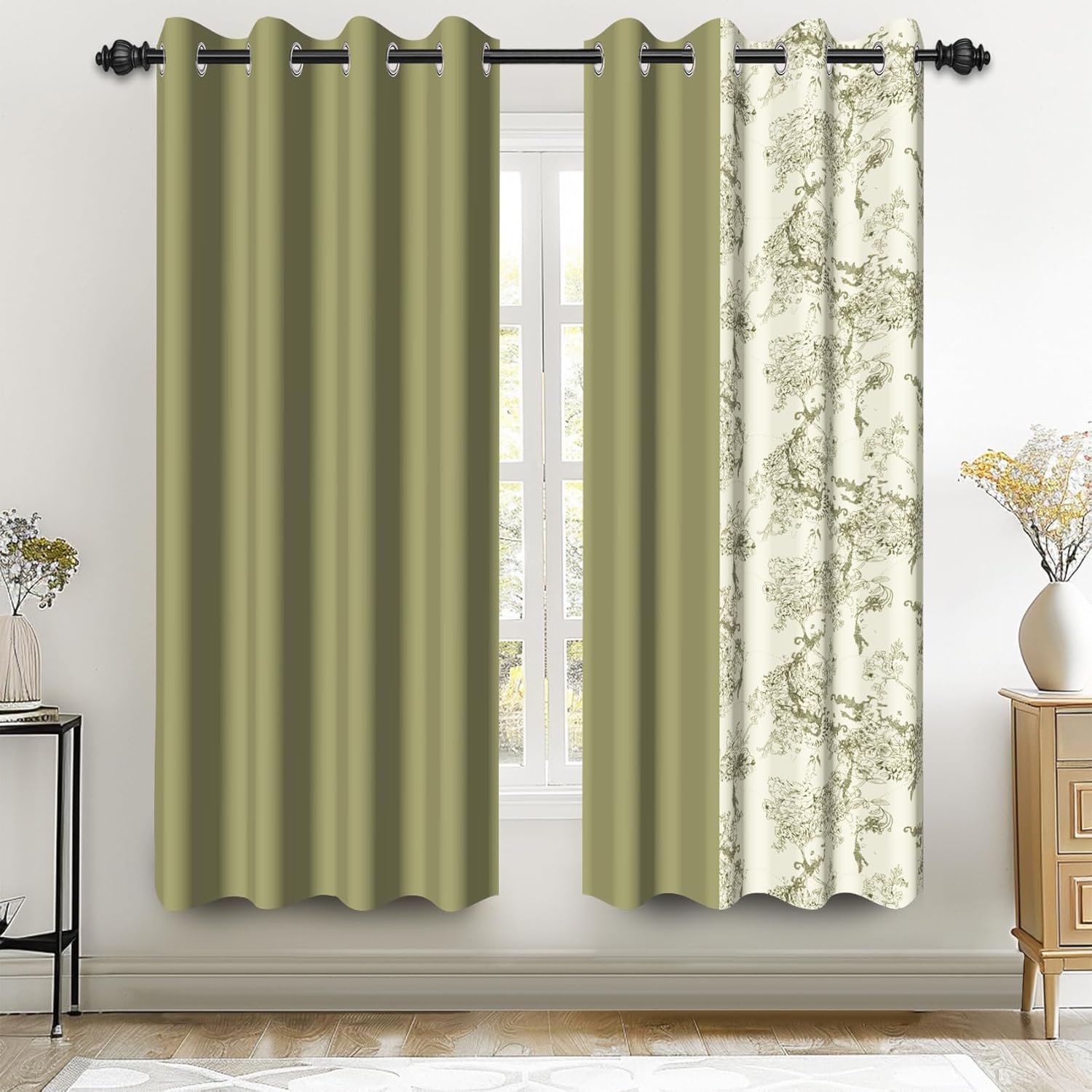 Renaiss 42 x 63 Inch Bedroom Blackout Curtains Half Solids Half Floral Printed Farmhouse Vintage Aesthetic Curtains French Country Grommet Green Window Treatment Farmhouse Drapes Black Liner 2 Panels