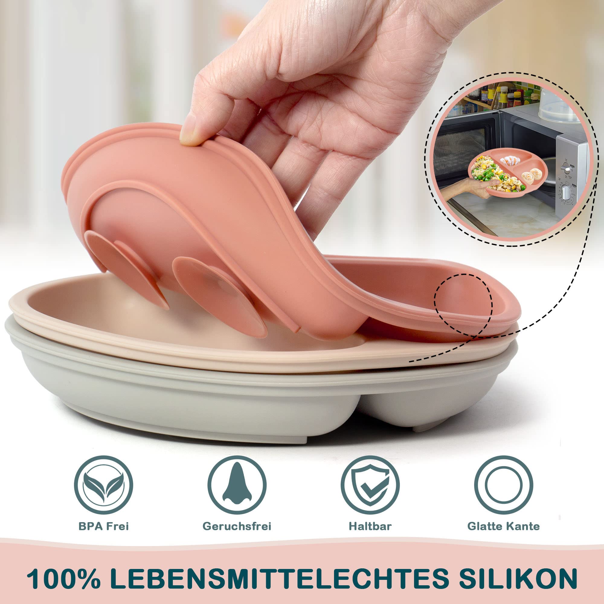 MOJINL Children's Plate with Suction Cup Non-Slip Silicone BPA Free Baby Plate Children's Place Mat Baby Tableware Dishwasher Safe for Toddlers Pack of 3 (Grey/Beige/Orange-Red) - Image 4