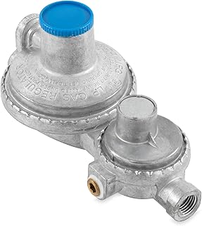 Camco Vertical Two Stage Propane Regulator - Compatible with 20 lb or 30 lb Propane Tanks with ACME Threads - 1/4-inch Female NPT inlet and 3/8-inch Female NPT outlet (59313)
